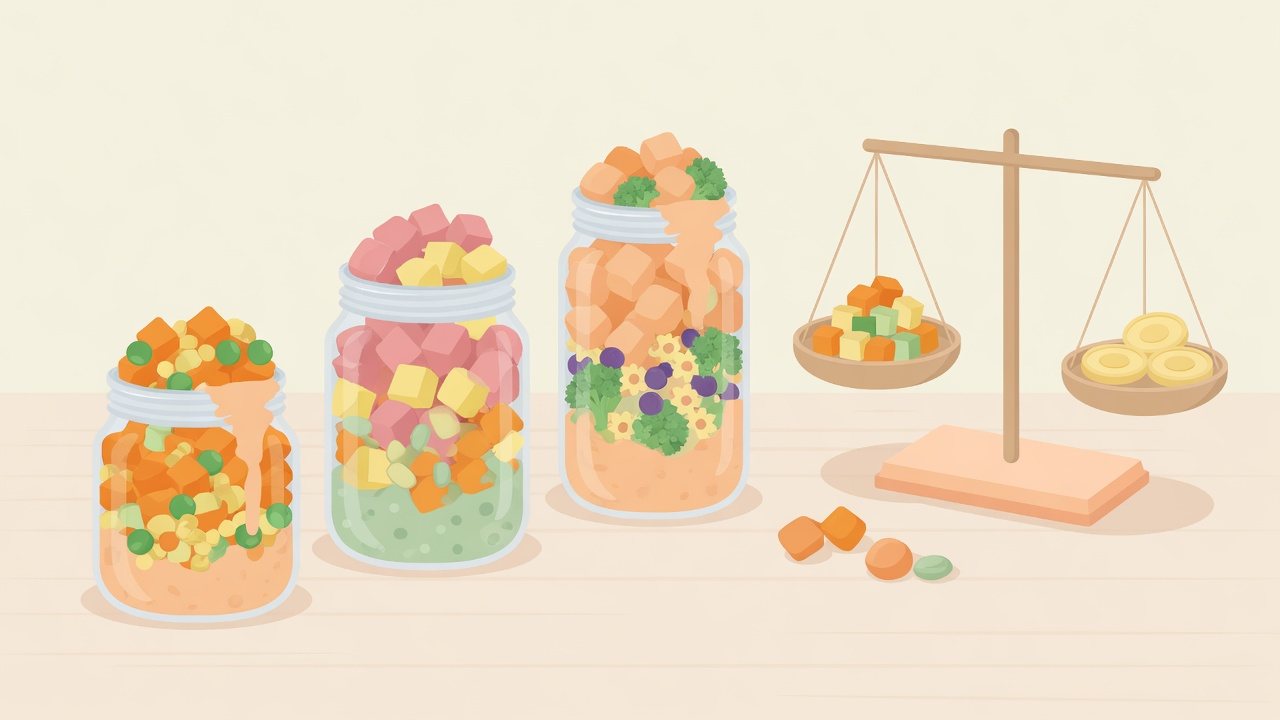 入数が異なるベビーフードの箱を並べたイラスト