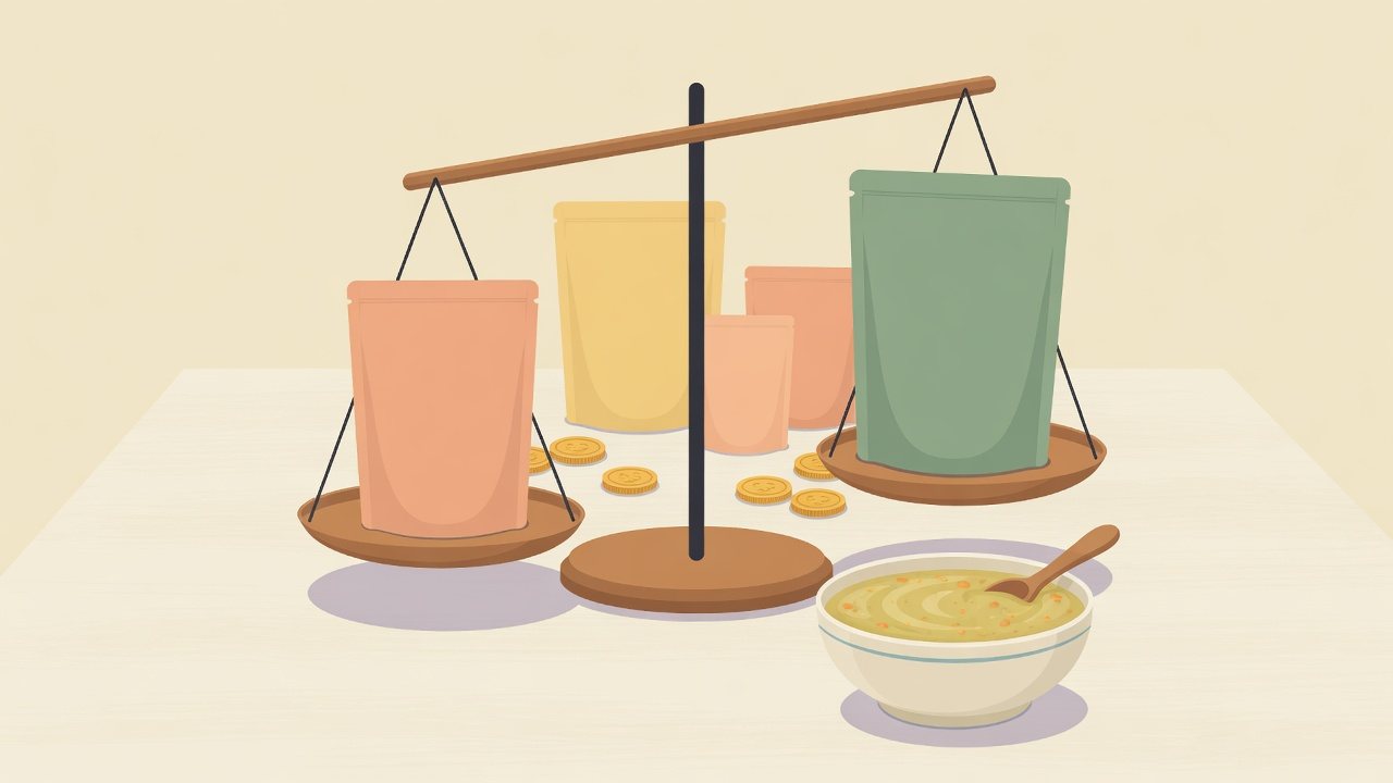 主食パウチ・素材フレーク・おやつの3タイプに分けたイラスト