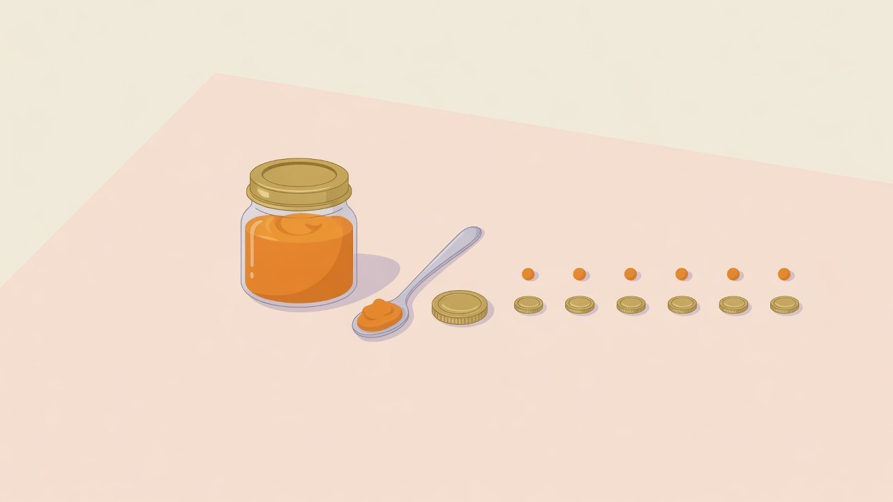 ベビーフードのパウチを並べて単価を比べるイラスト