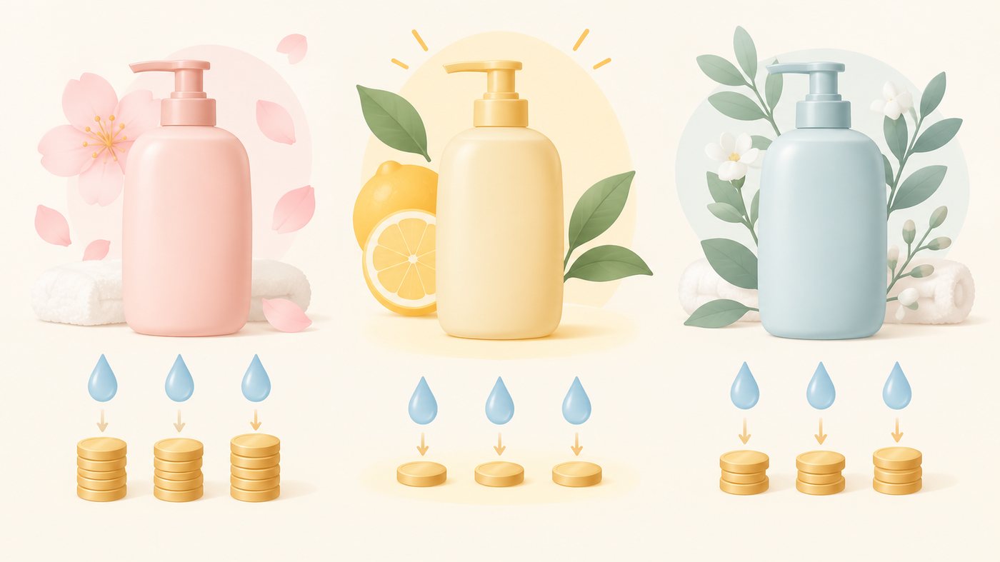 詰替用の袋と1mLあたりの単価を比べるイラスト