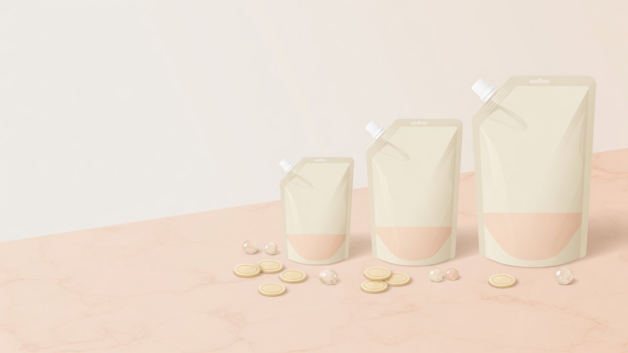 詰め替え用の容量を1mLあたりに割り戻して比べるイラスト
