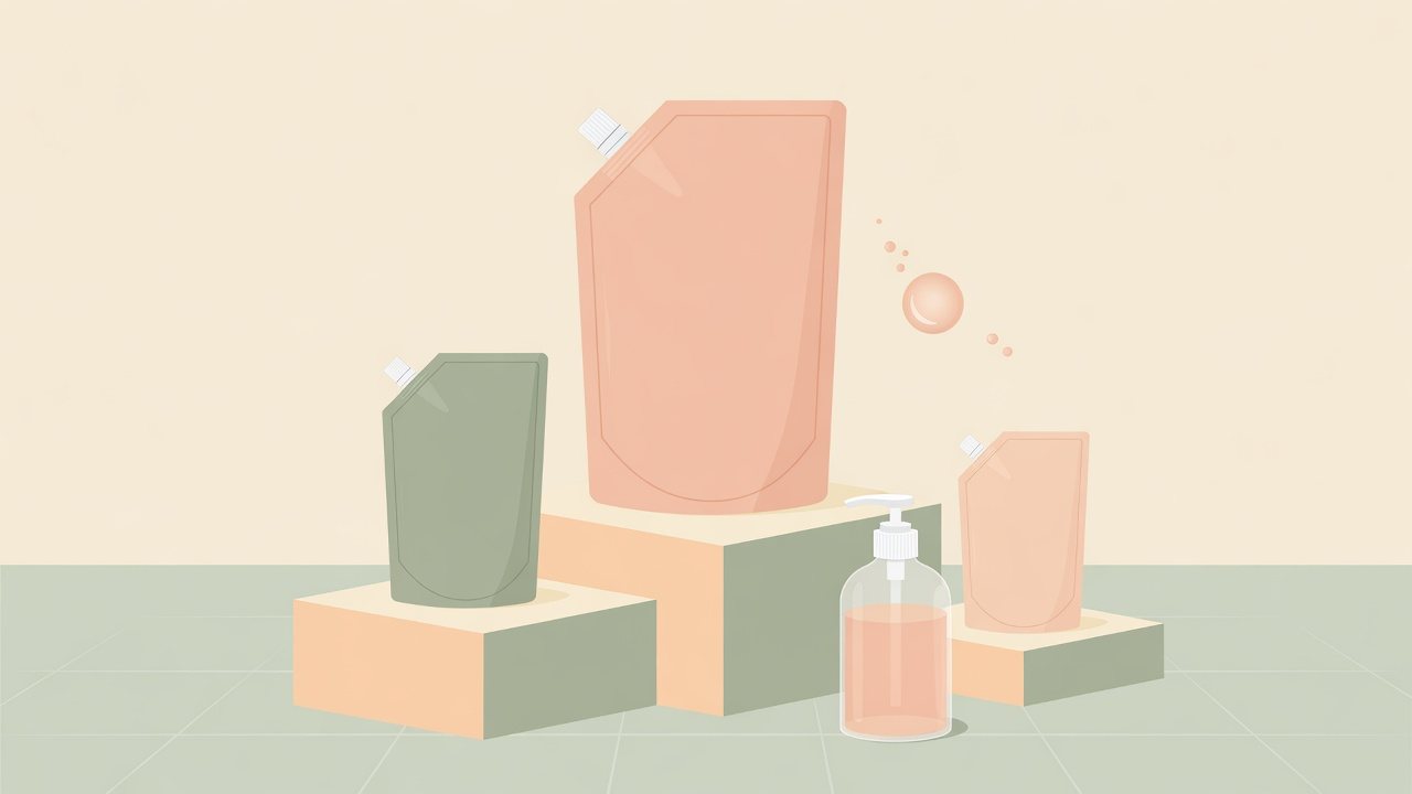1個の詰替とまとめ買いと業務用を分けて置くイラスト
