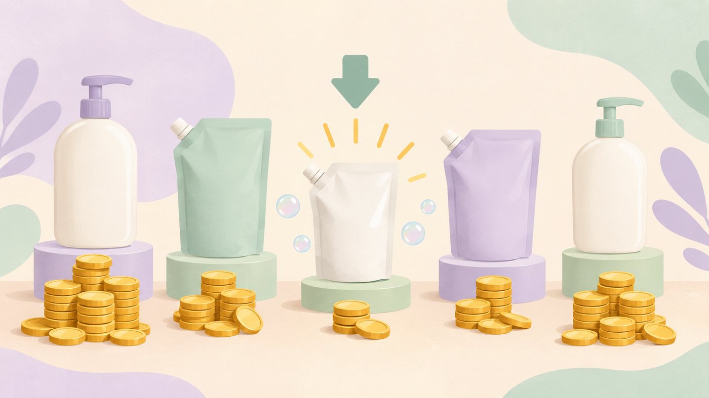 詰替を1袋で買う場合と箱でまとめる場合を比べるイラスト