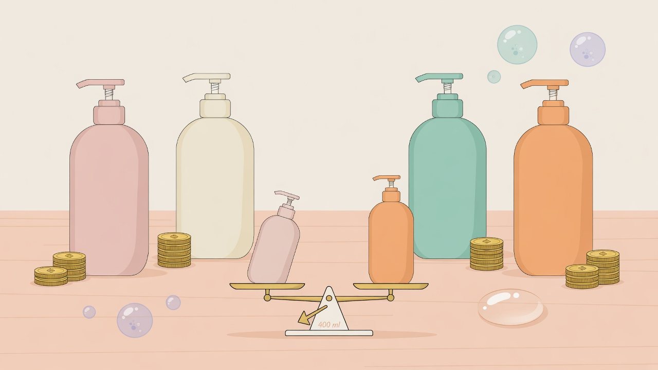詰替1個と3個組の合計mlを分母にするイラスト