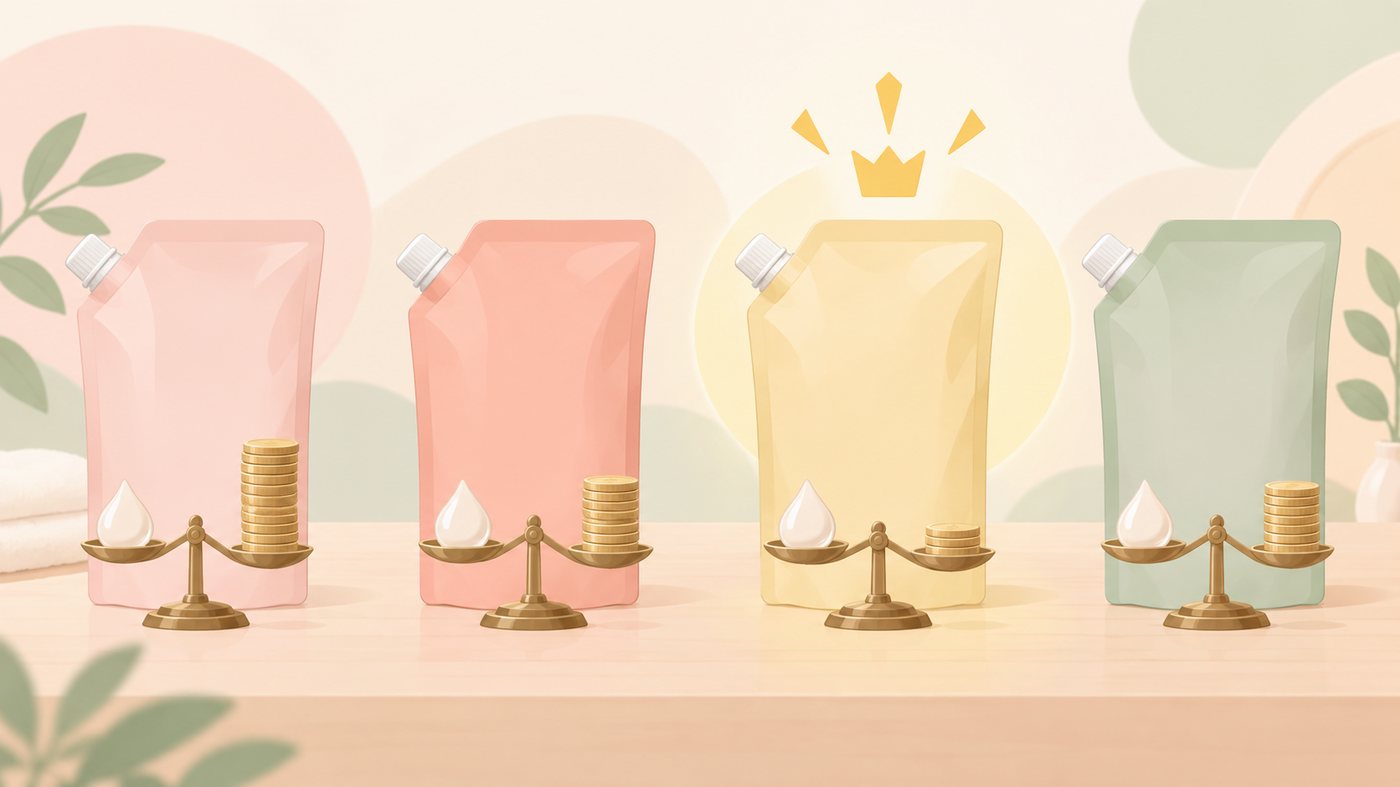 容量の違う詰替用パックを1mLあたりに割り戻すイラスト