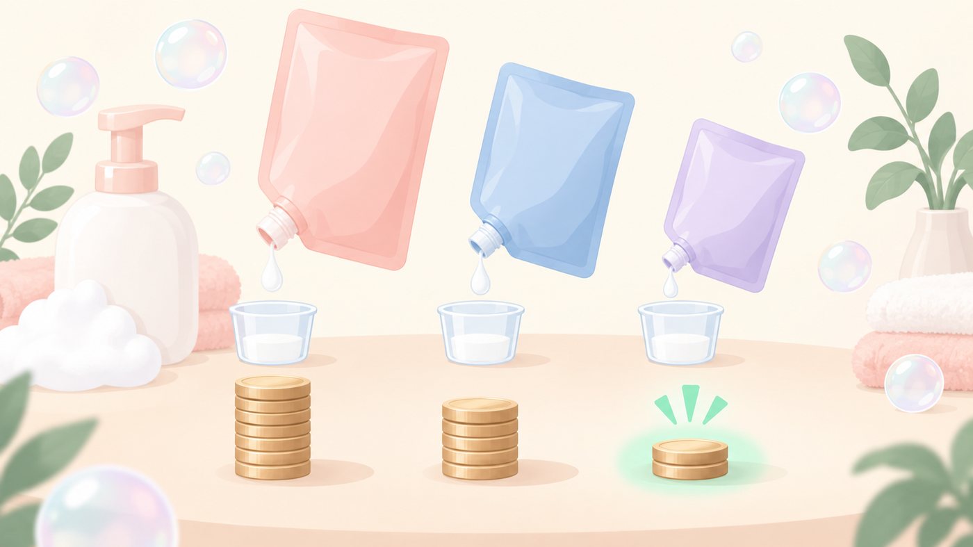 詰め替えの価格を総mlで割る計算のイラスト