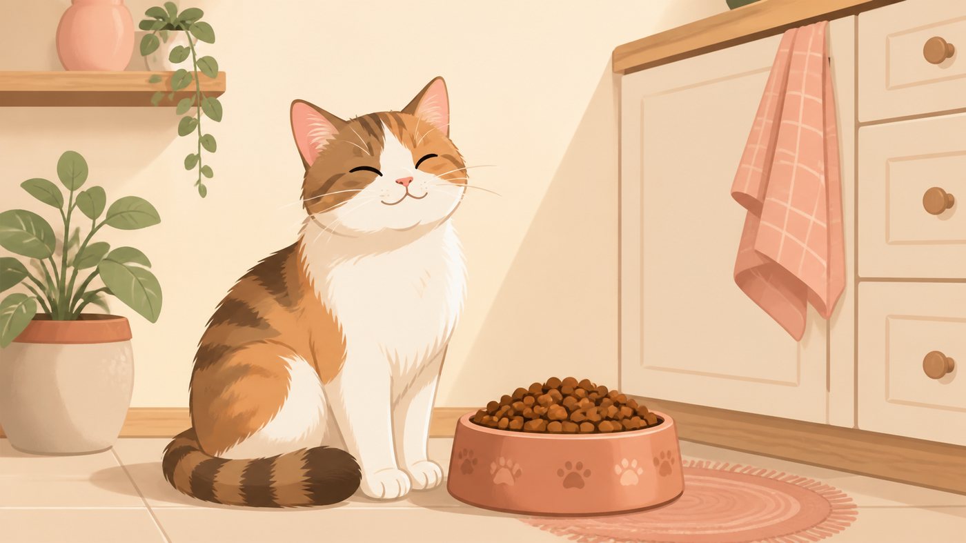 フードボウルのそばでくつろぐ猫のイラスト