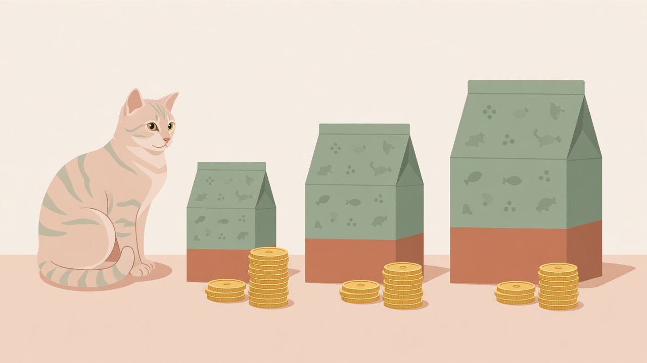 ドライキャットフードの袋と猫を描いたイラスト