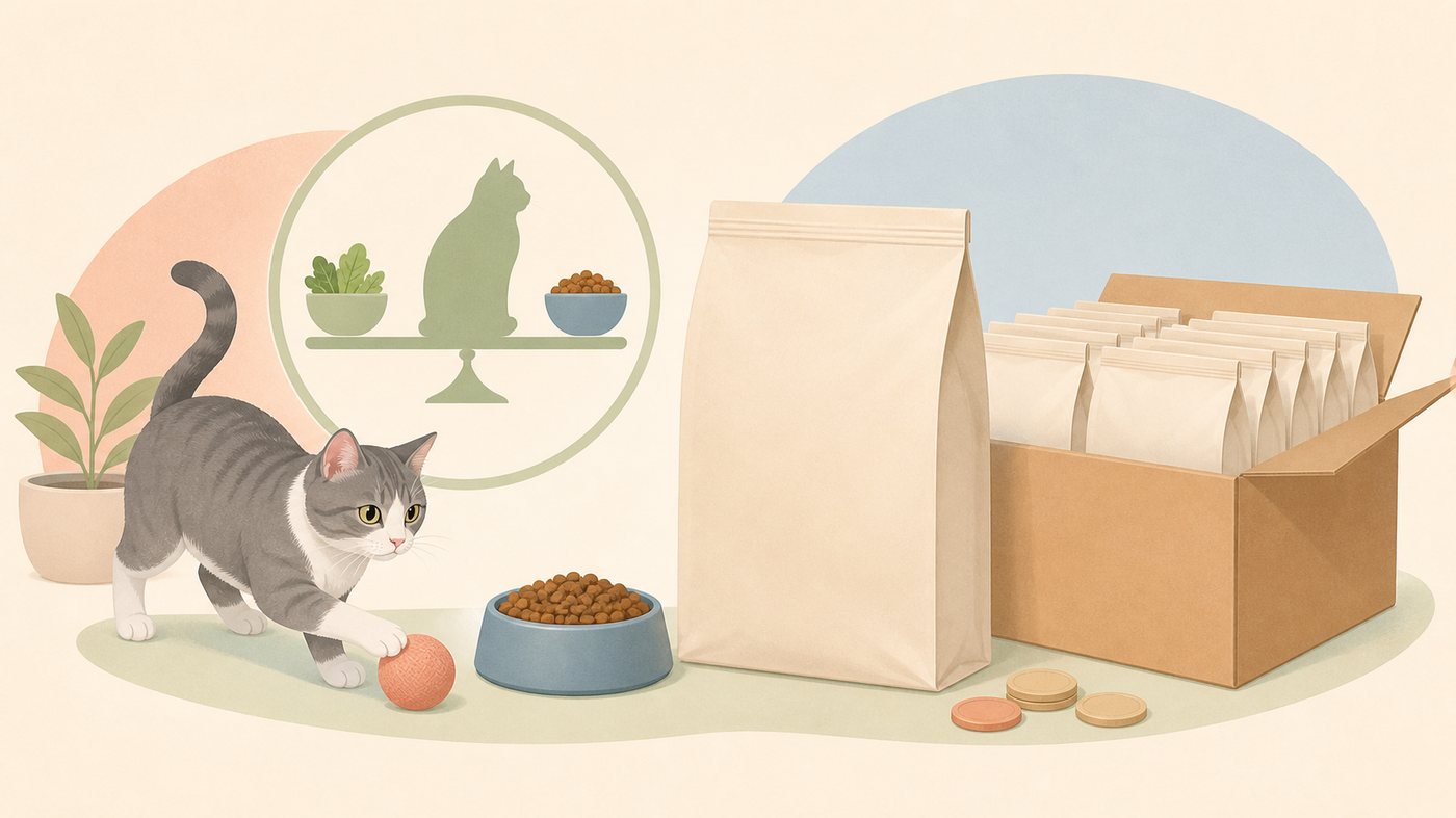 室内で過ごす猫と毛玉ケアのイラスト