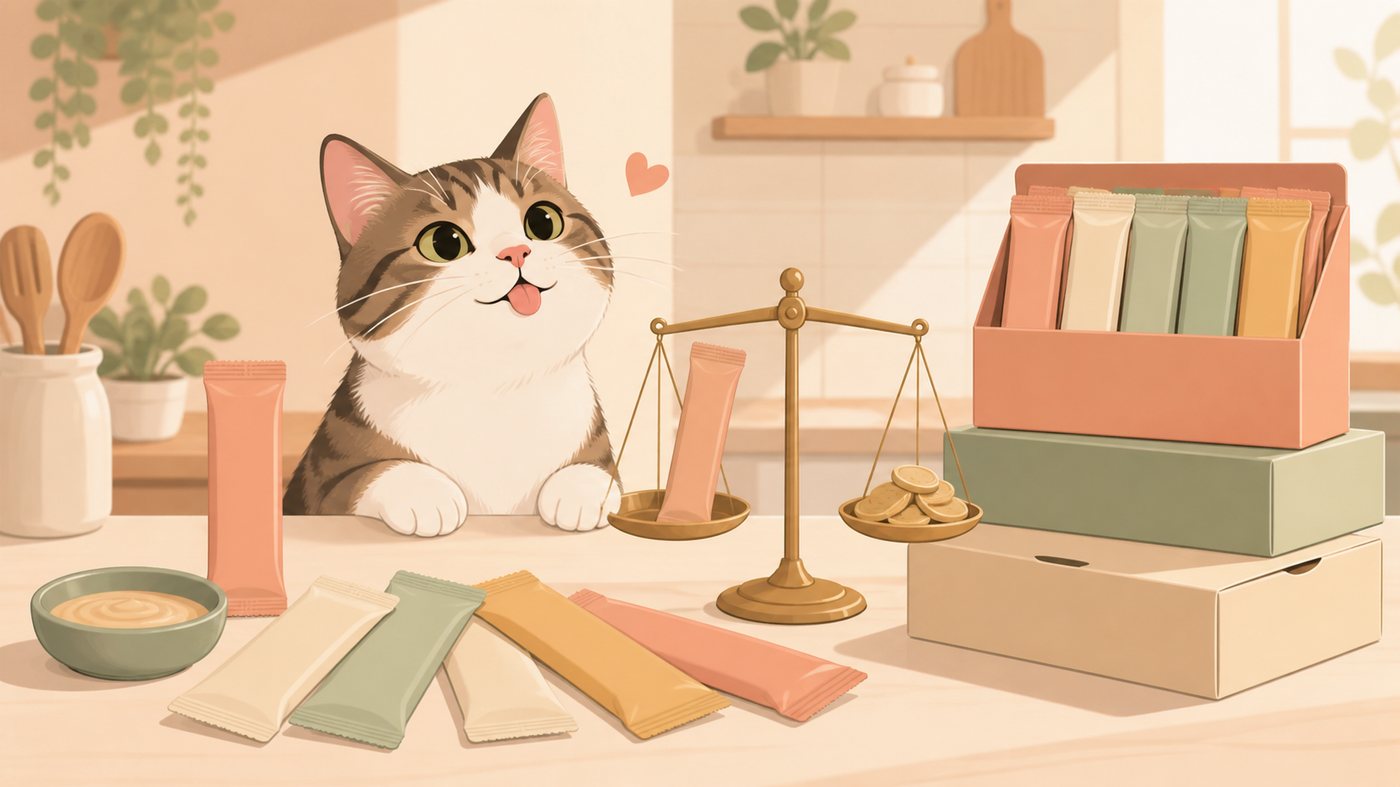 おやつをもらって喜ぶ猫のイラスト