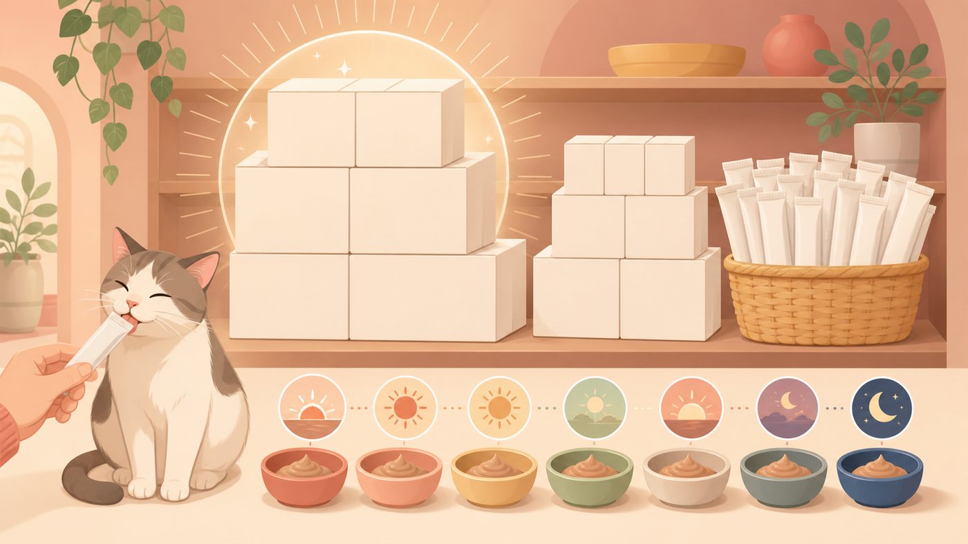 猫用おやつのまとめ買い規模を比べるイラスト