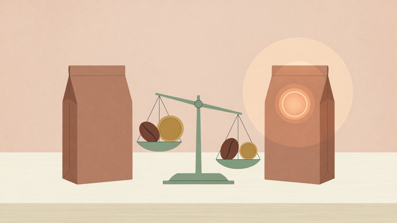 1袋と複数袋のコーヒーを棚に分けて置くイラスト