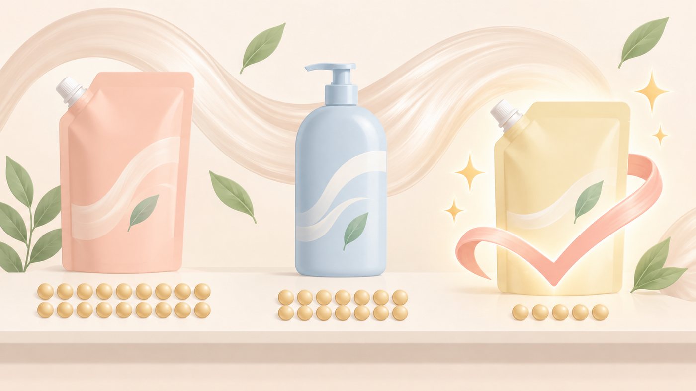 つめかえ用の袋と本体容器を単価で比べるイラスト
