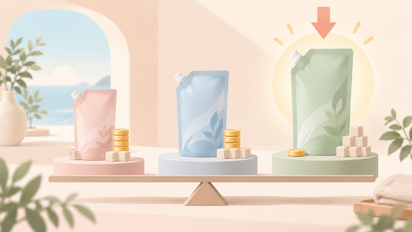 1000mLの容器と1mLあたりの単価を比べるイラスト