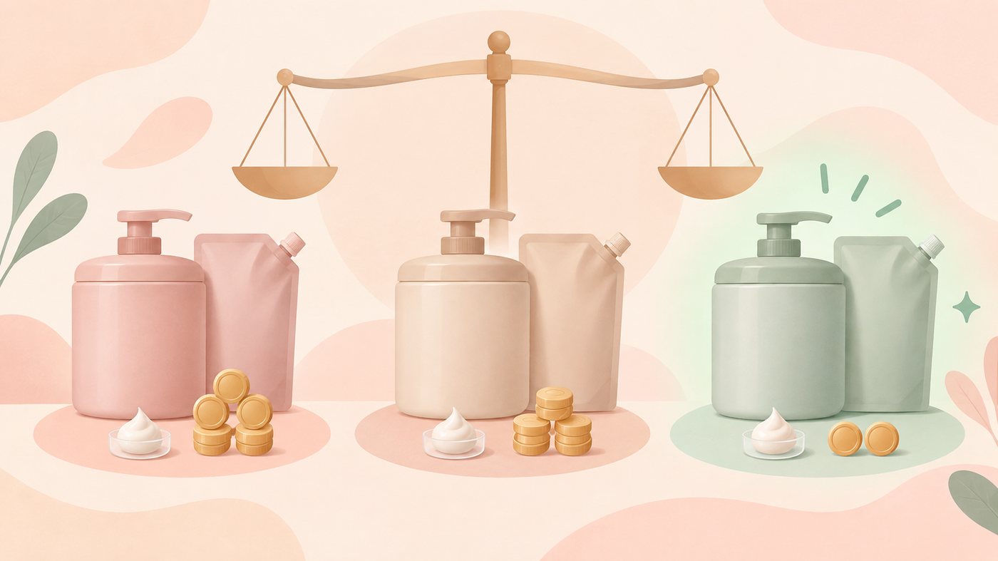 詰め替え用の袋を1gあたりの単価で比べるイラスト