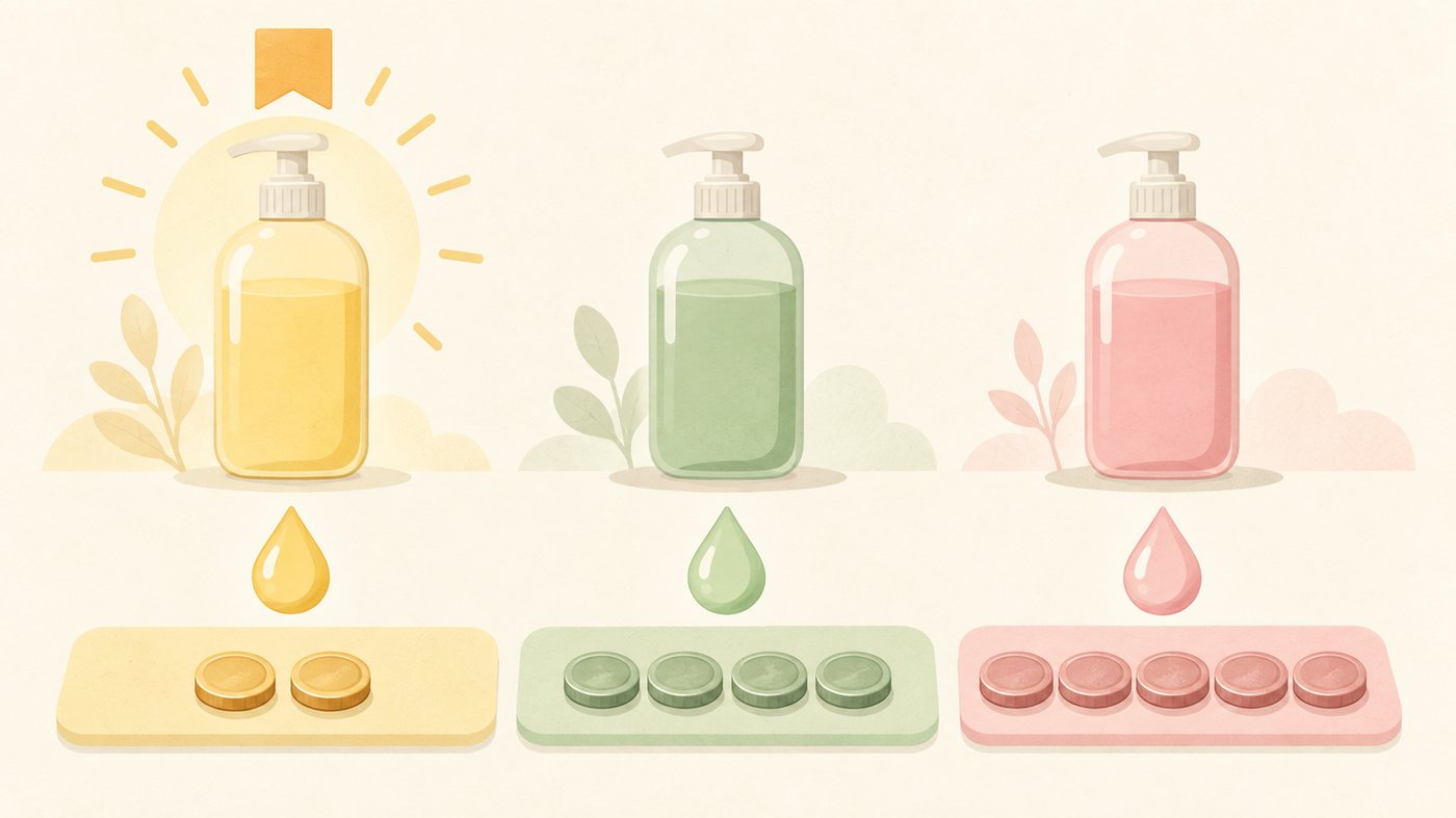 食器用洗剤のボトルと単価の計算のイラスト