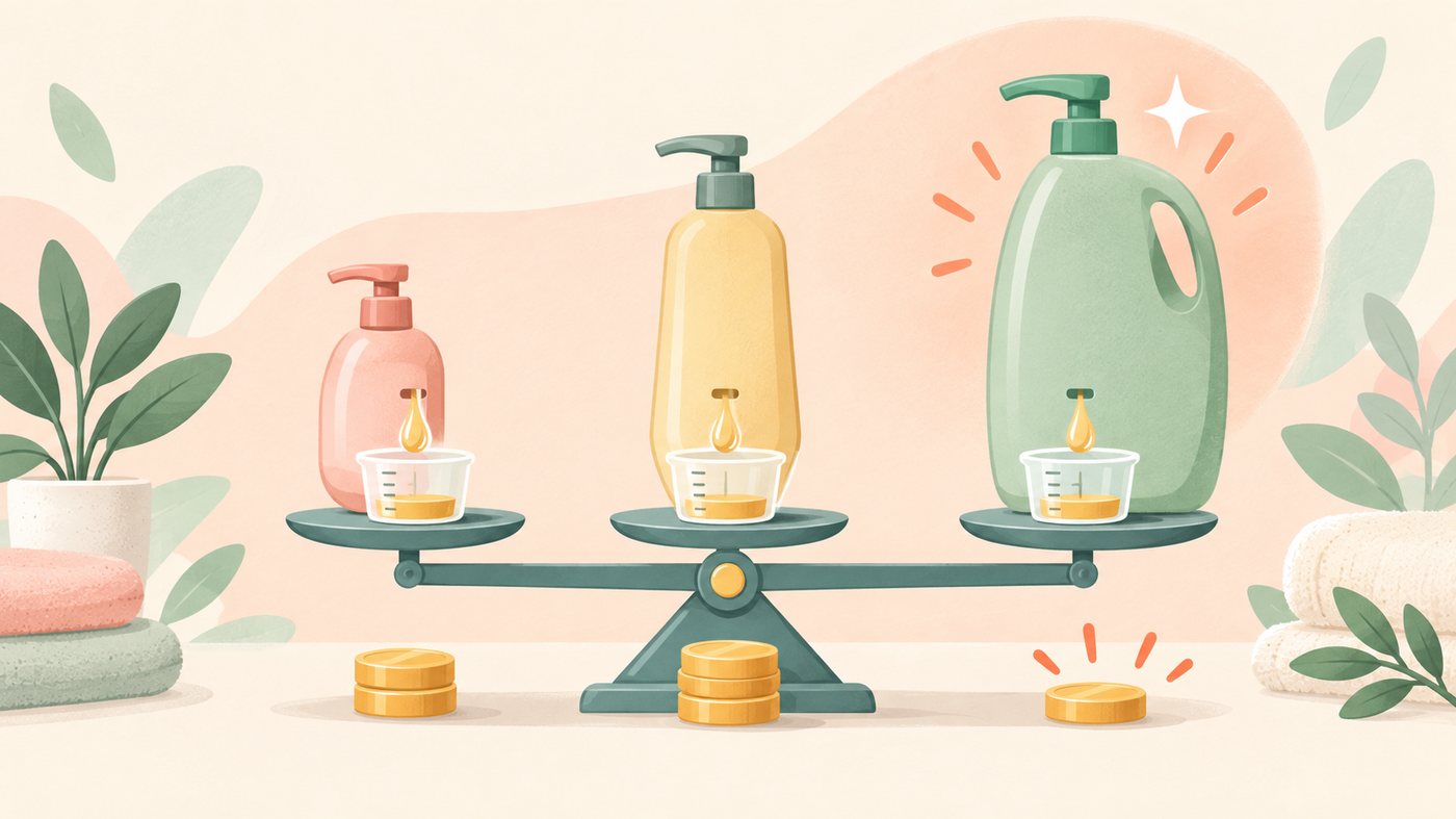 本体とつめかえ用を1mLあたりの単価でそろえて比べるイラスト