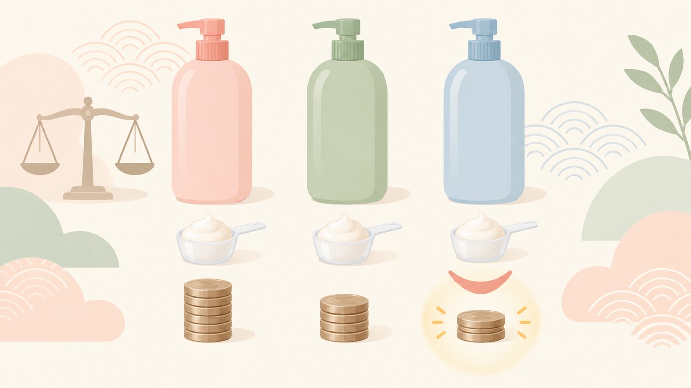 同じ容量のボトルを入数ごとに並べて単価をそろえるイラスト