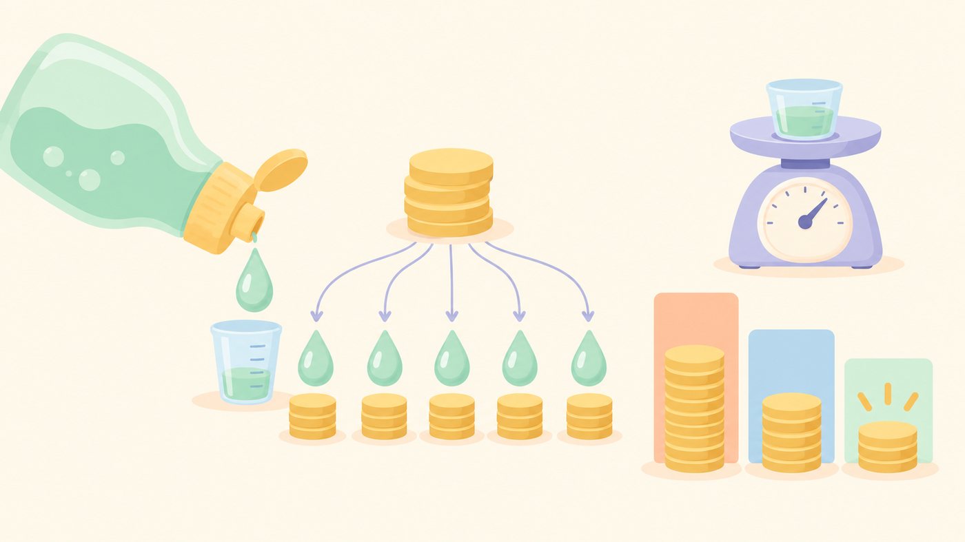 洗剤の容量と入数から1mLあたりを計算するイラスト