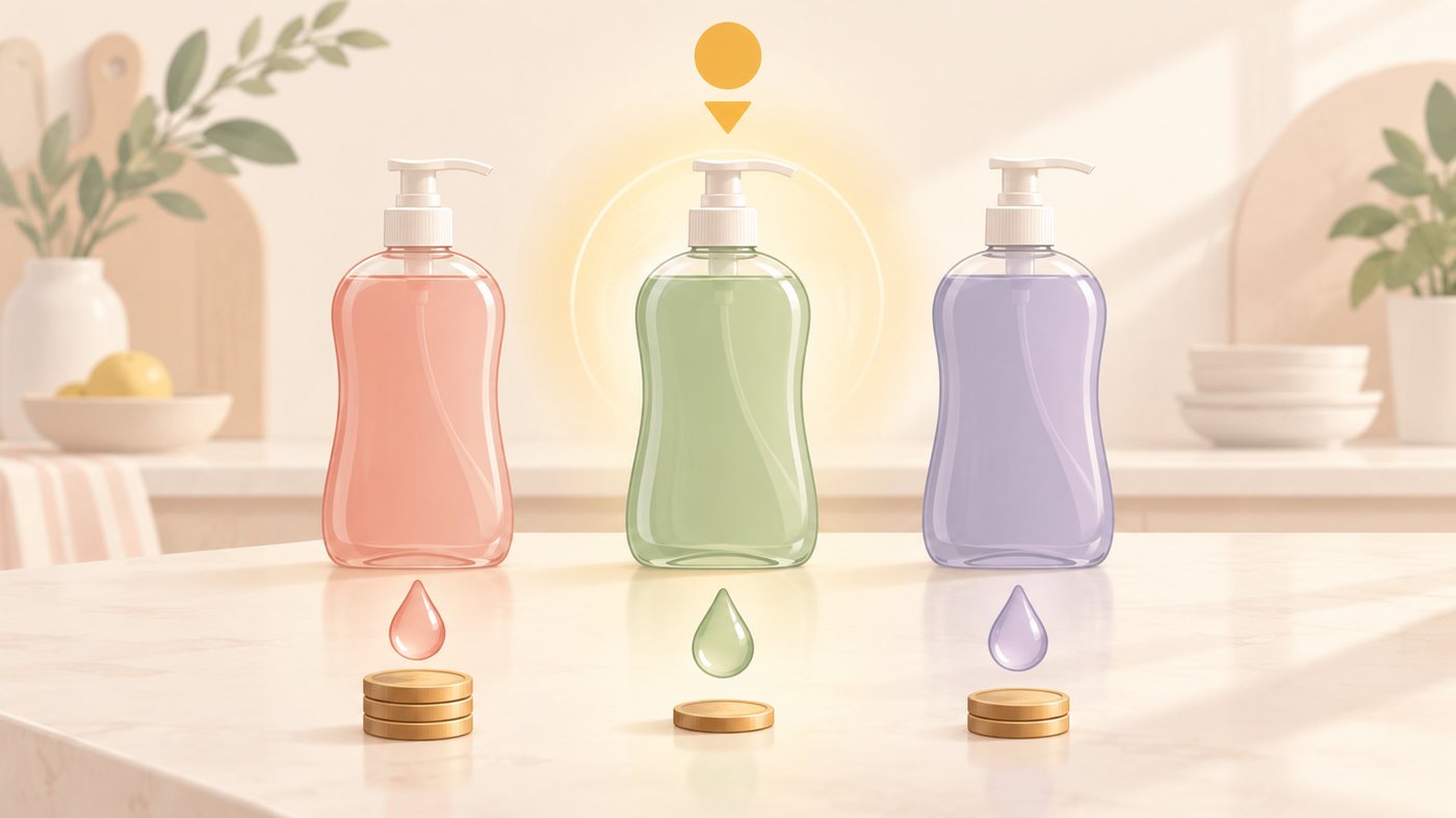 収納棚に洗剤の在庫を置く量を比べるイラスト