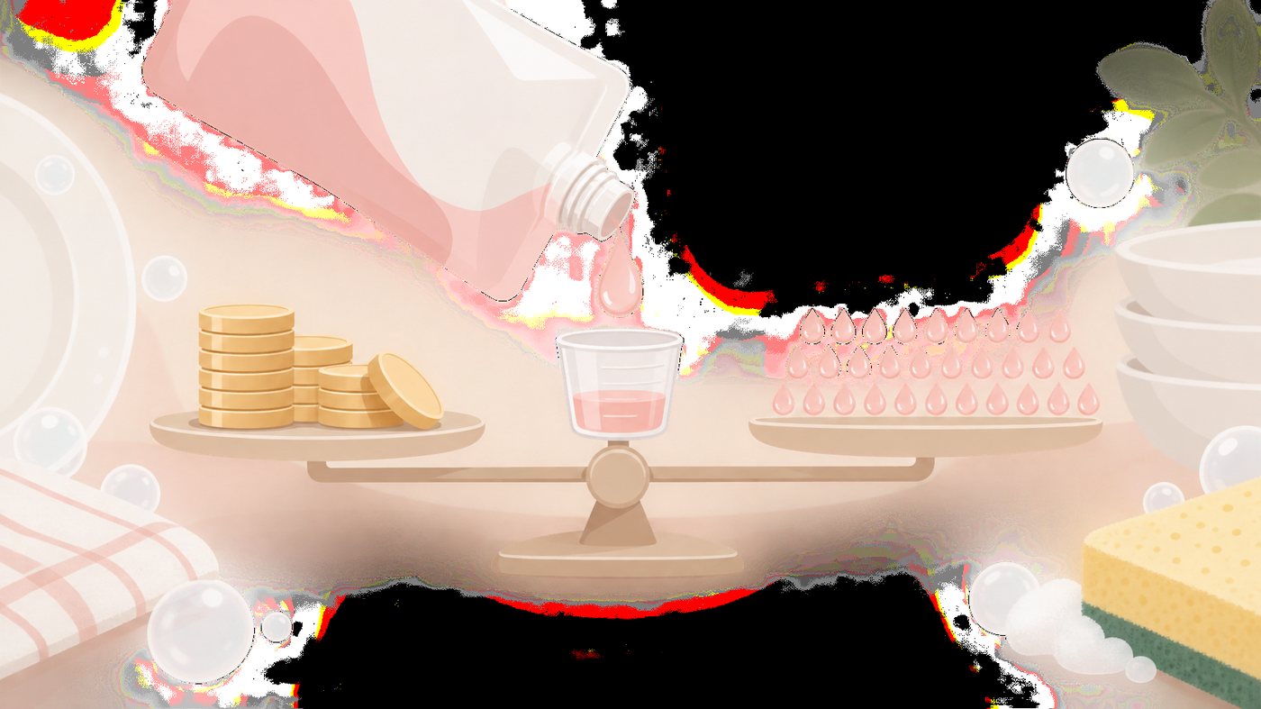 シンクのそばに並ぶ食器用洗剤のつめかえパックのイラスト
