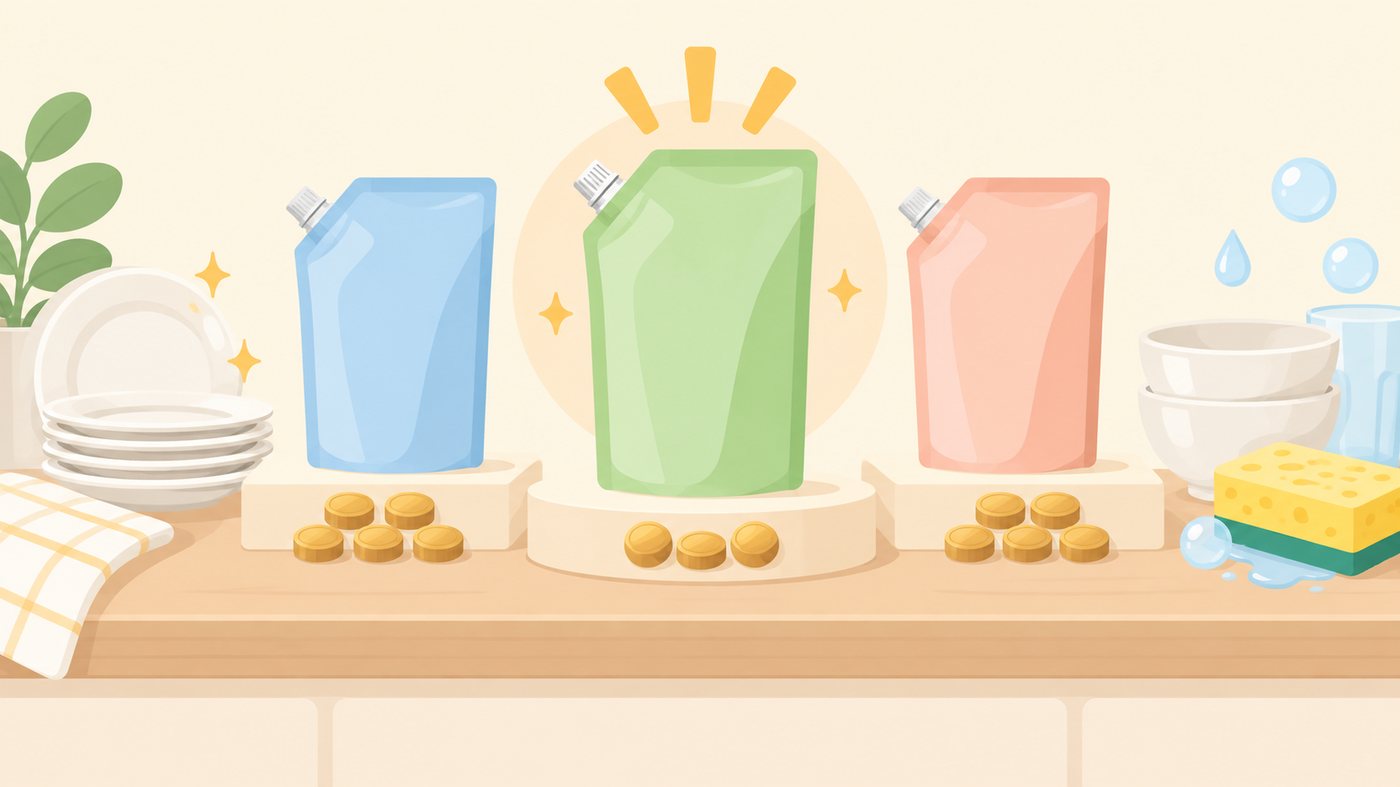 1個・2〜4個・5個以上に分けて収納した洗剤のイラスト
