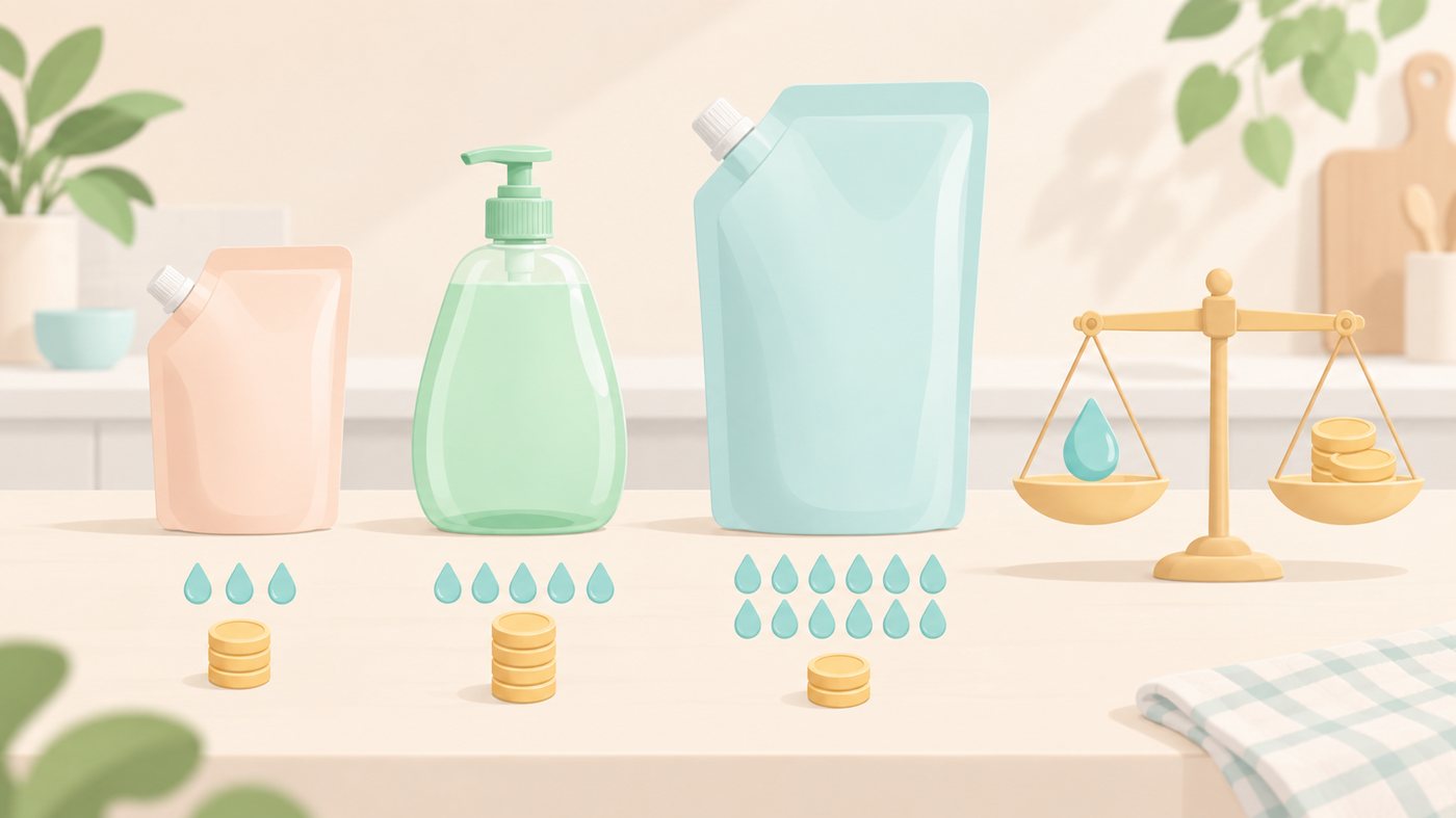 食器用洗剤のボトルと詰替用パックが並ぶイラスト