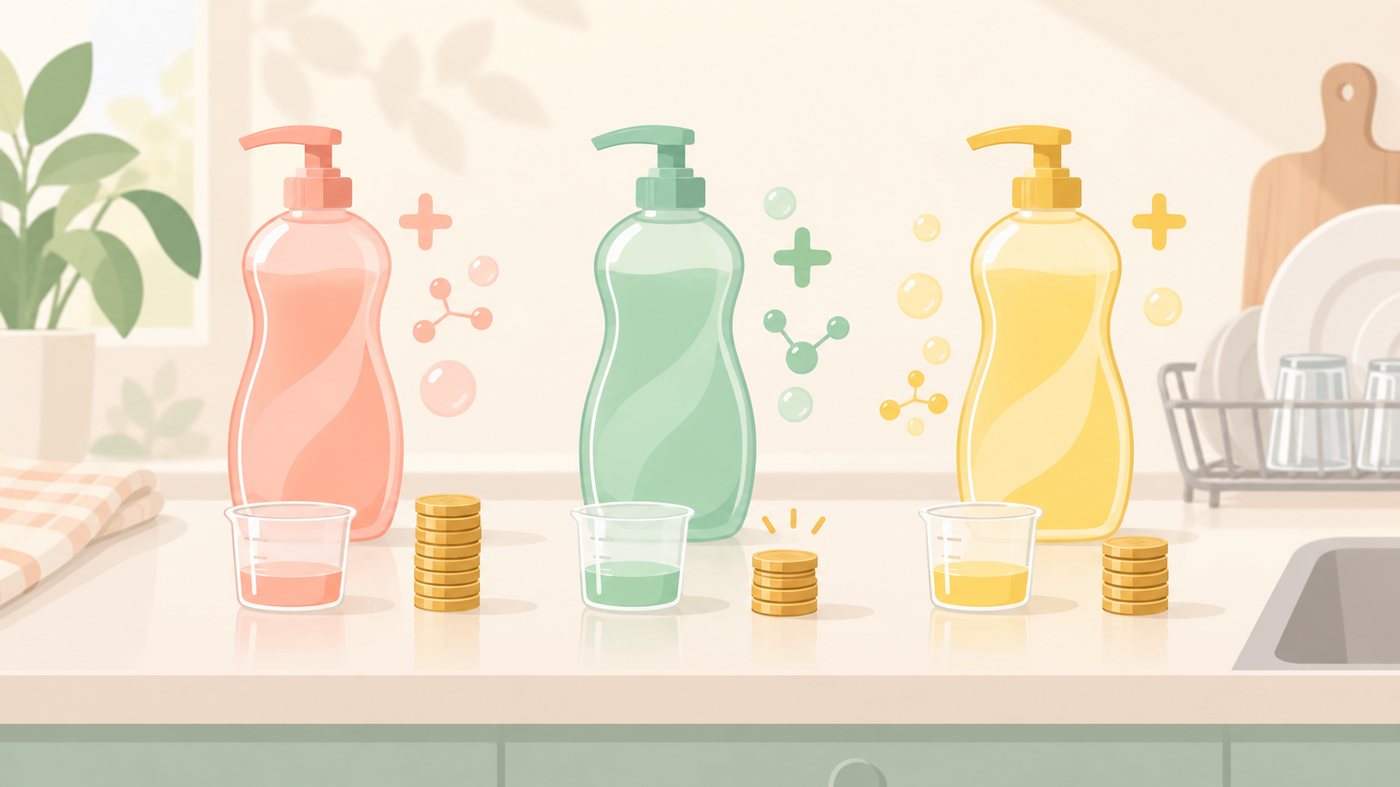 洗剤の容量と本数から1mLあたりの単価を計算するイラスト
