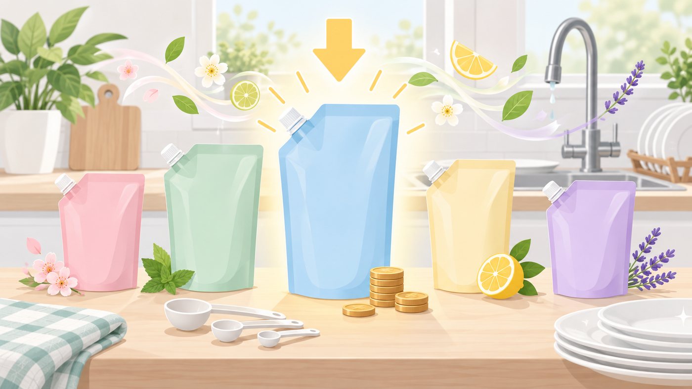 食器用洗剤の詰め替え用パックが並ぶイラスト