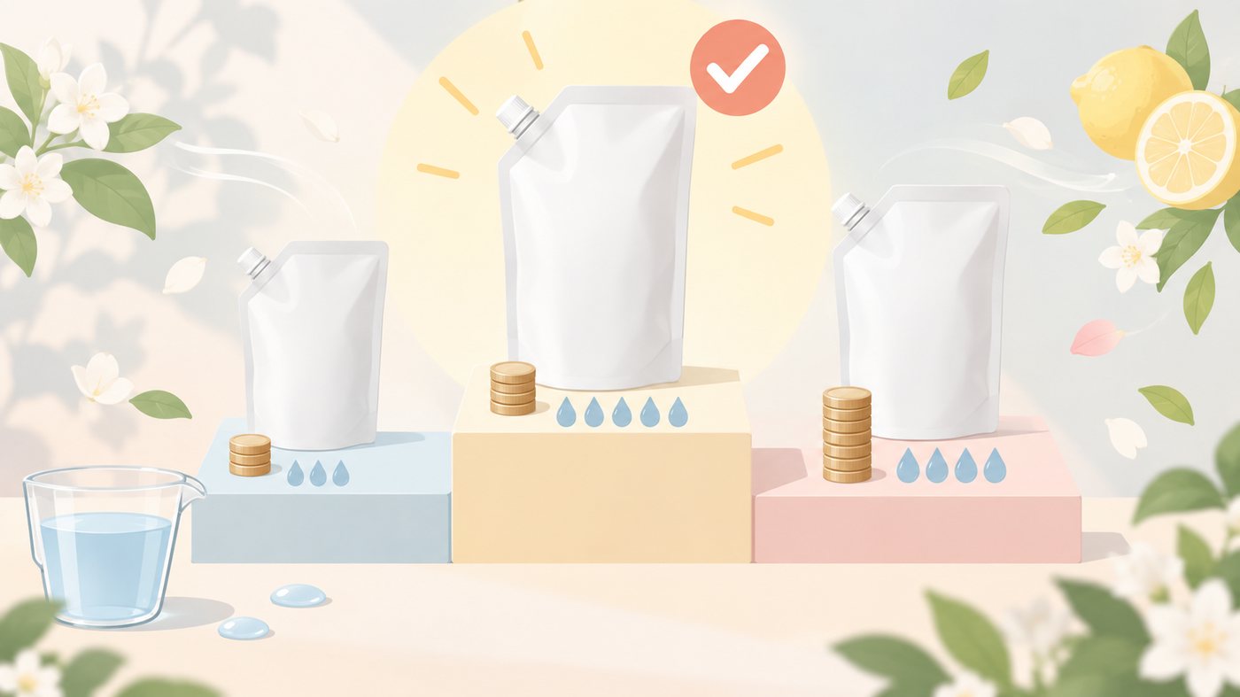 詰め替え用パックの容量を比べるイラスト