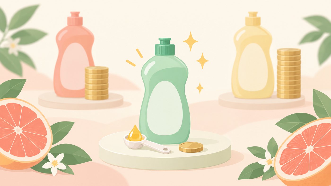 グレープフルーツの香りの食器用洗剤が並ぶ台所のイラスト