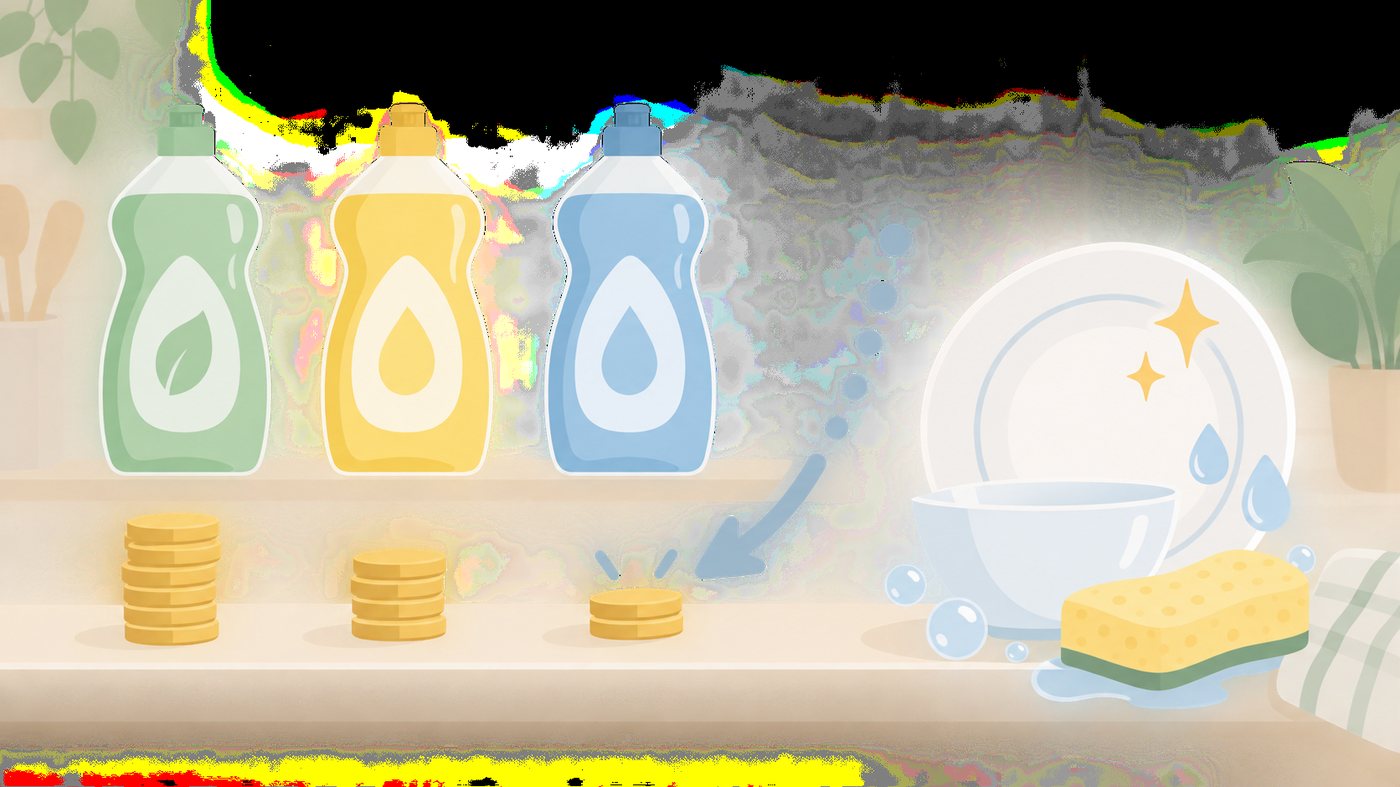 容量の違う洗剤を1mLあたりの単価にそろえて比べるイラスト
