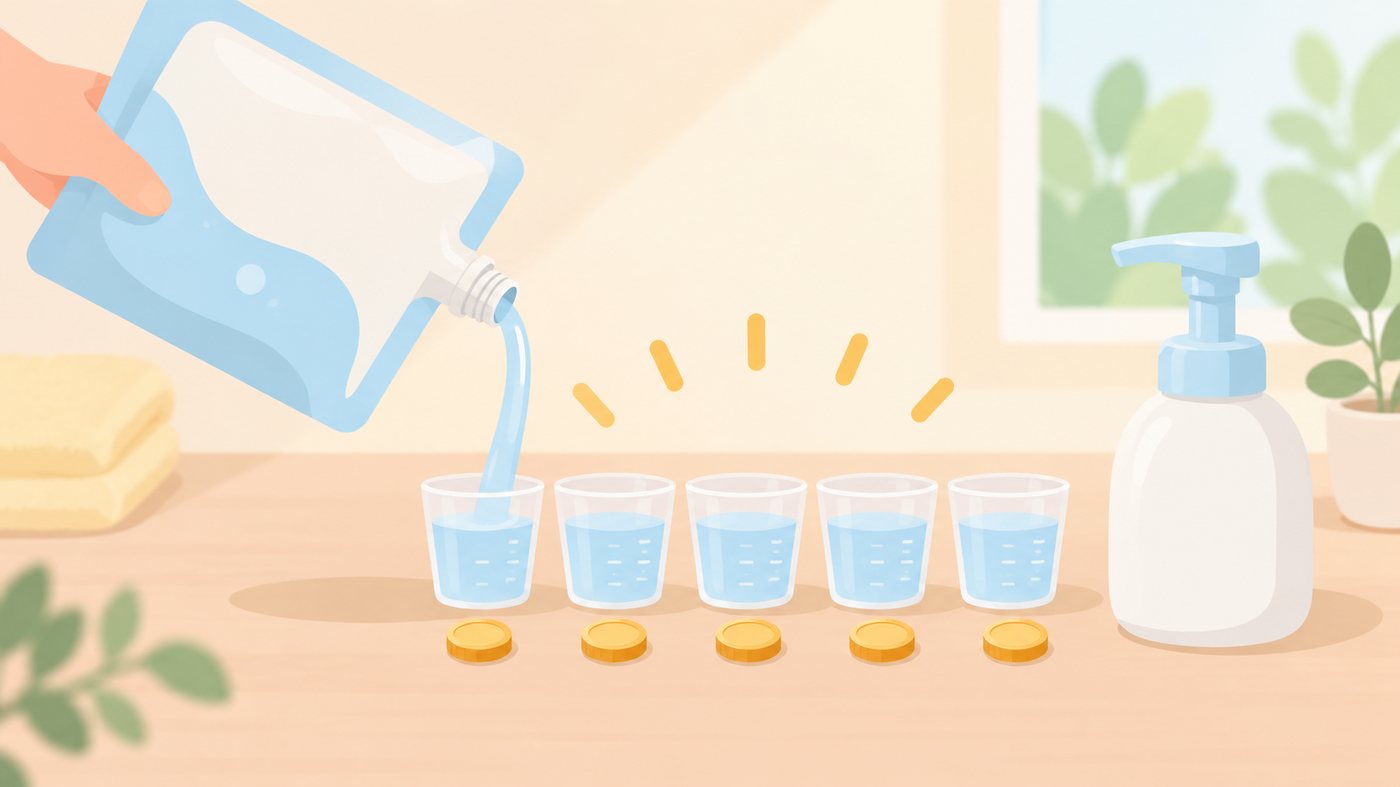 洗面所に並ぶハンドソープの本体と詰替用のイラスト