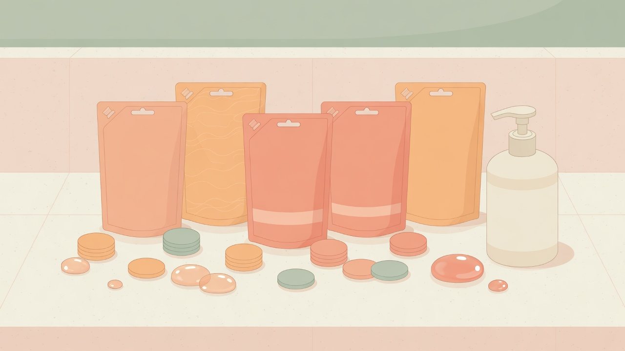 液体と泡とキッチン用の詰替を枠に分けるイラスト