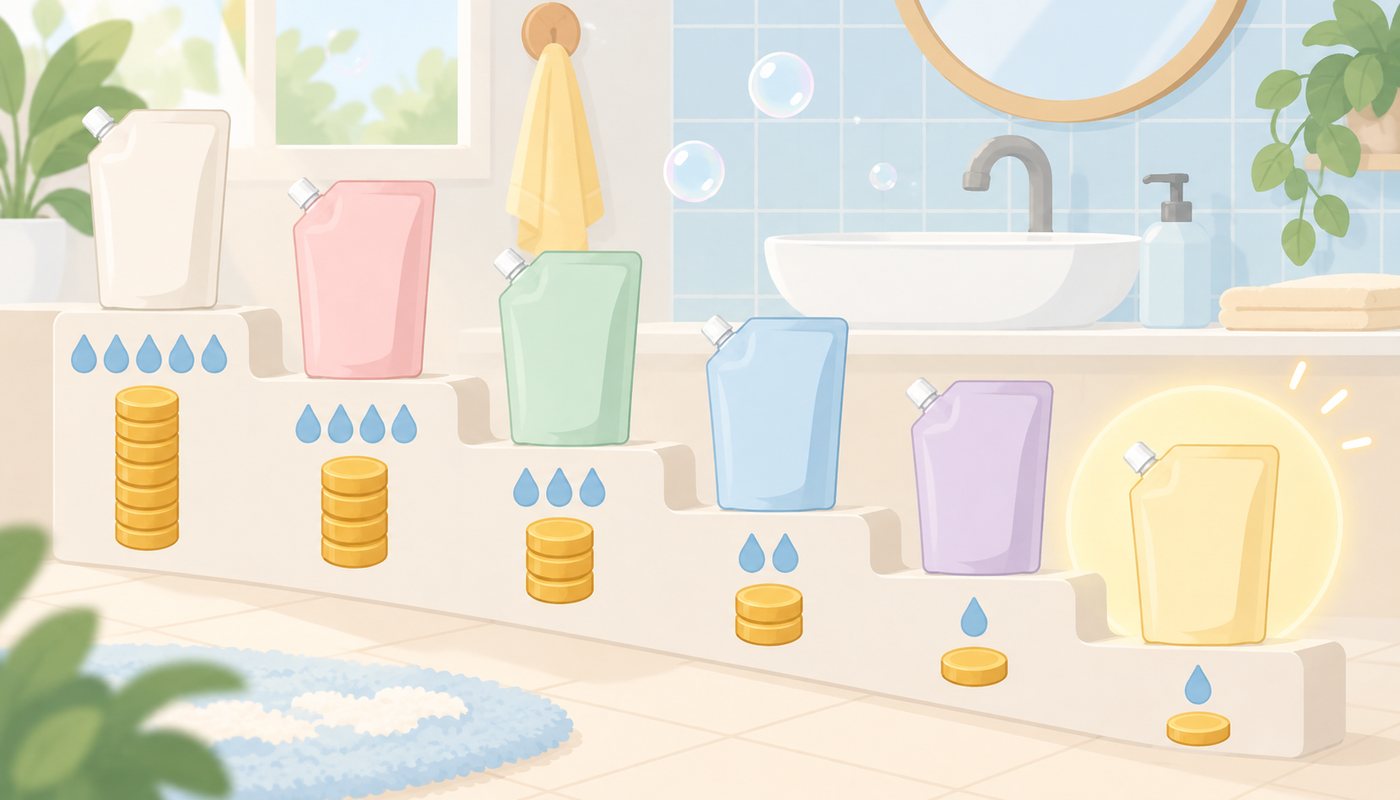 洗面所に並ぶハンドソープの詰替用のイラスト