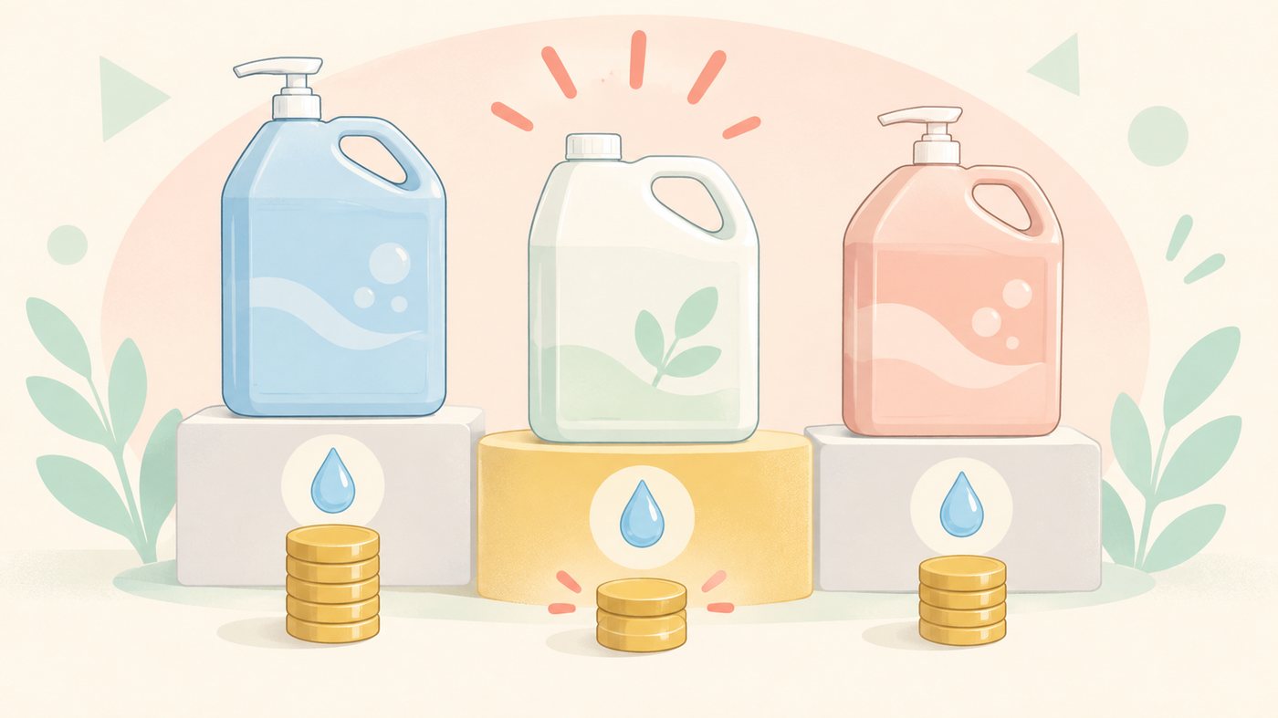 4Lボトルを本数ごとに並べて単価を比べるイラスト