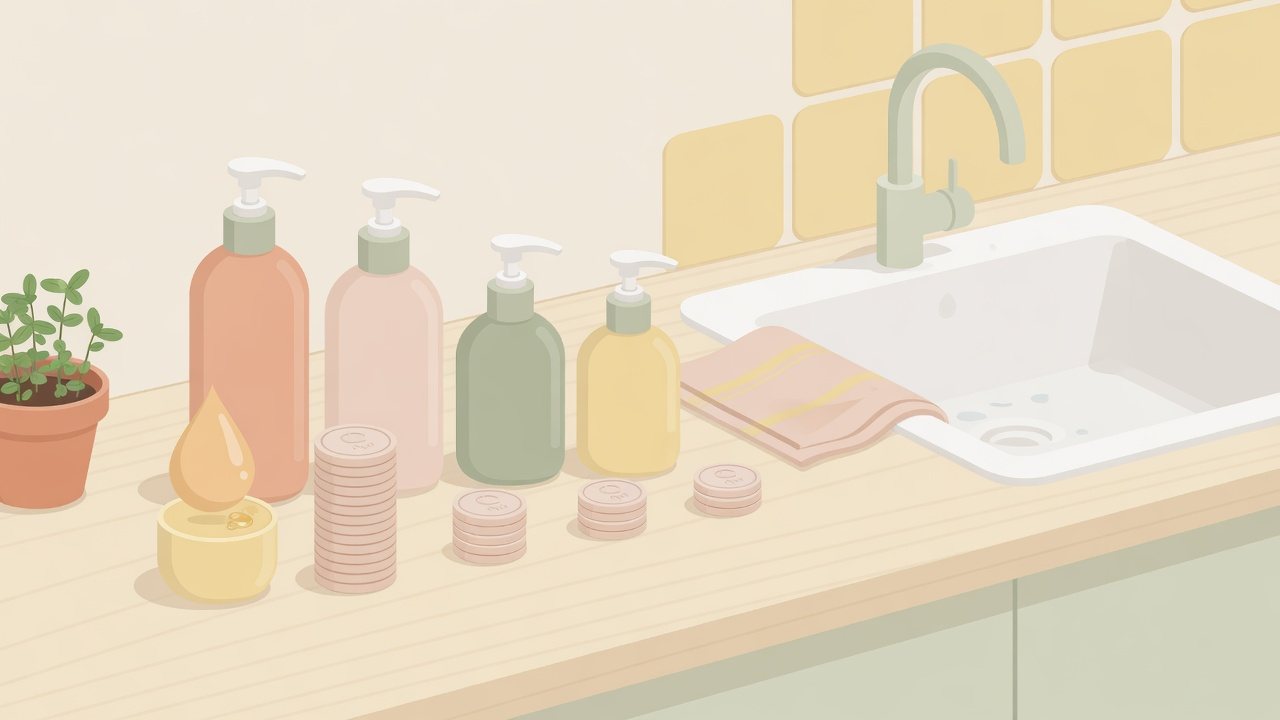 ハンドソープの詰め替えと通常品セットを分けるイラスト