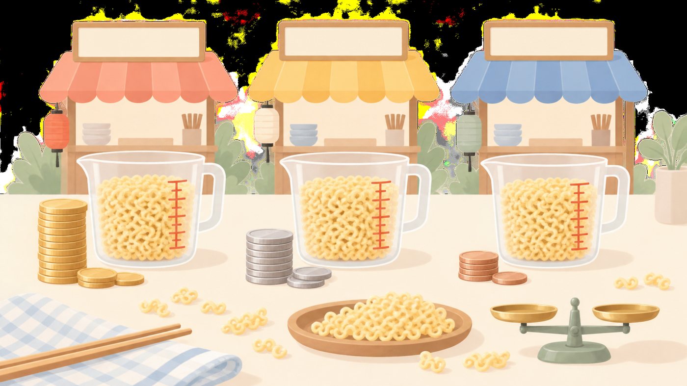 袋麺のパックを1食あたりの単価で比べるイラスト
