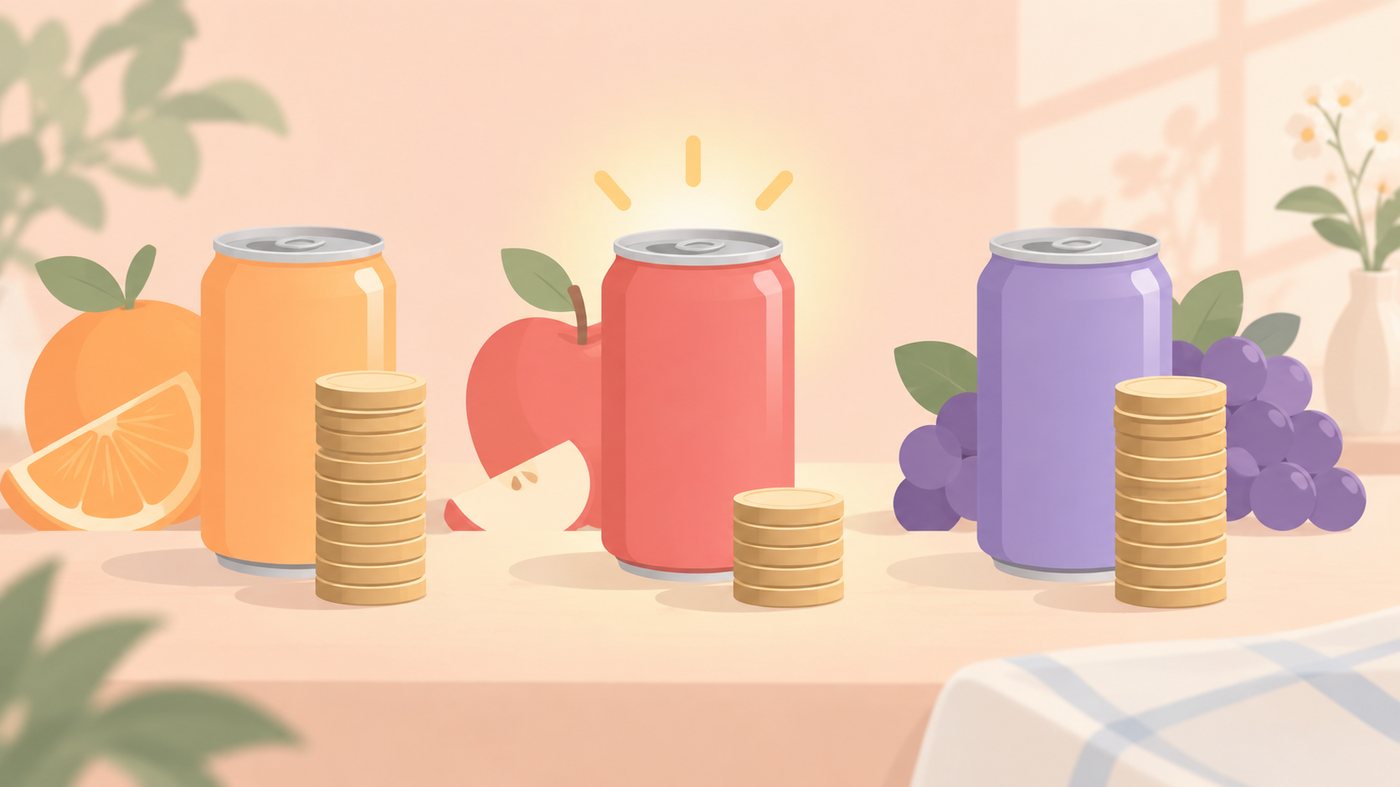 190g缶ジュースの1mLあたりの単価を確認するイラスト