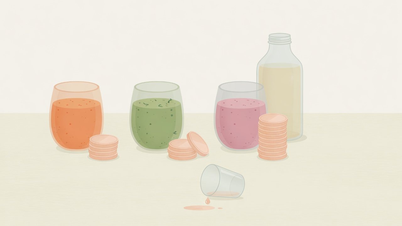 野菜ジュースの箱を選ぶ4つの視点のイラスト