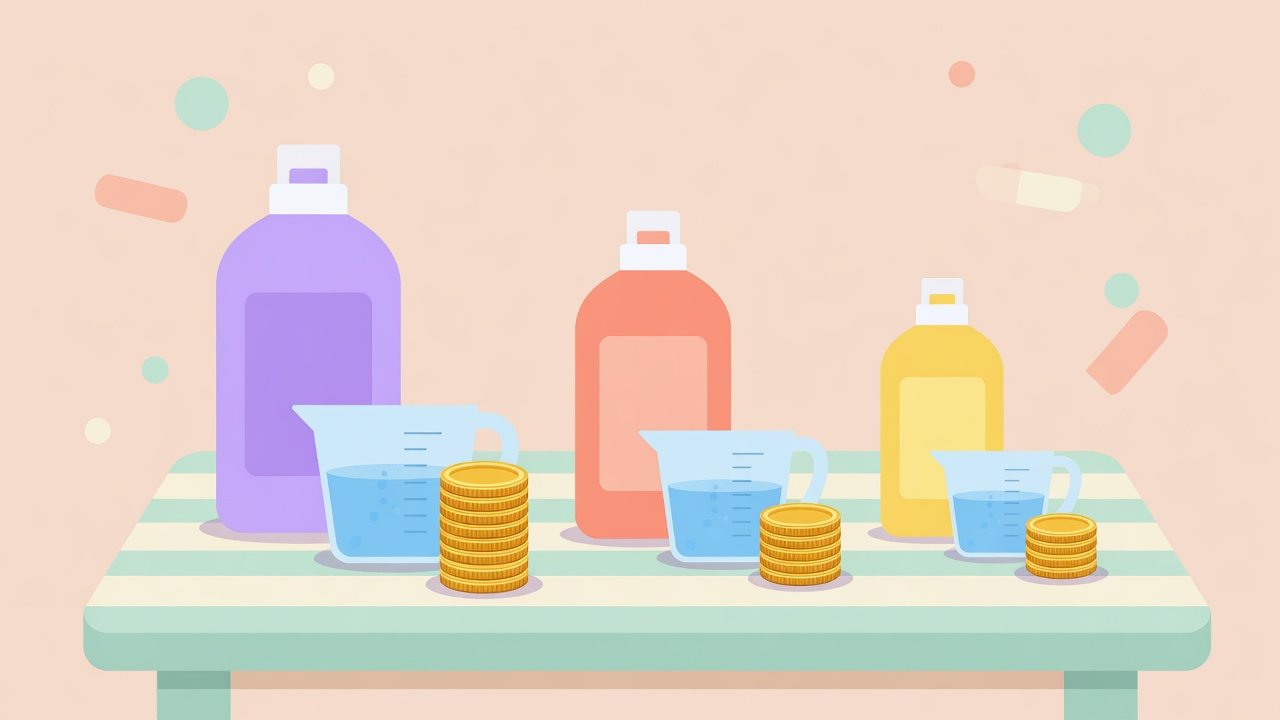 容量と入数が異なる液体洗濯洗剤を並べたイラスト