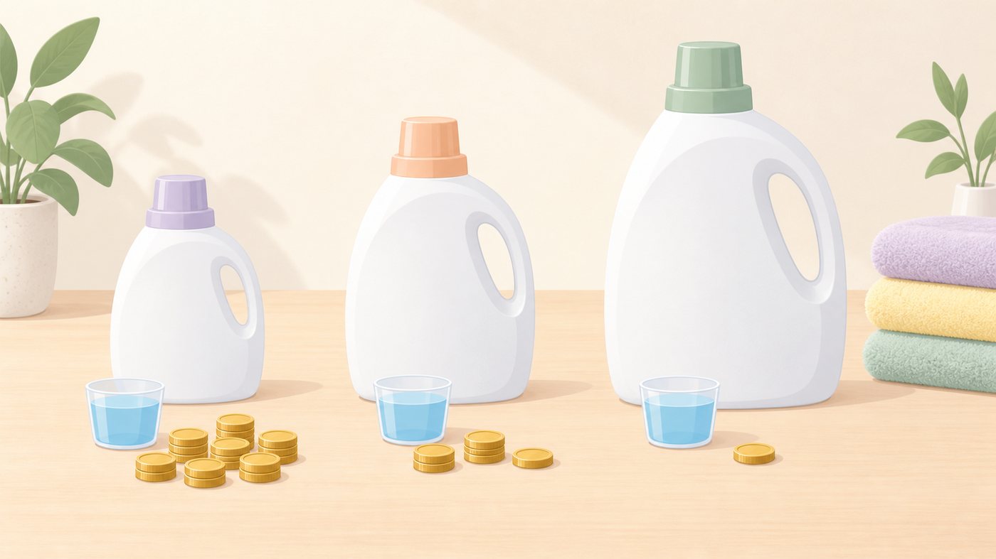 洗濯洗剤の内容量と入数を確かめるイラスト
