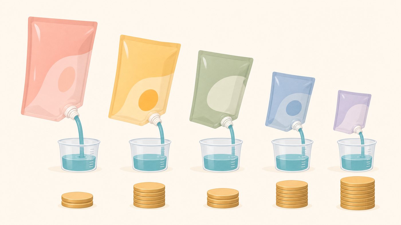 洗濯機のそばに並んだ詰め替え用洗剤パックのイラスト