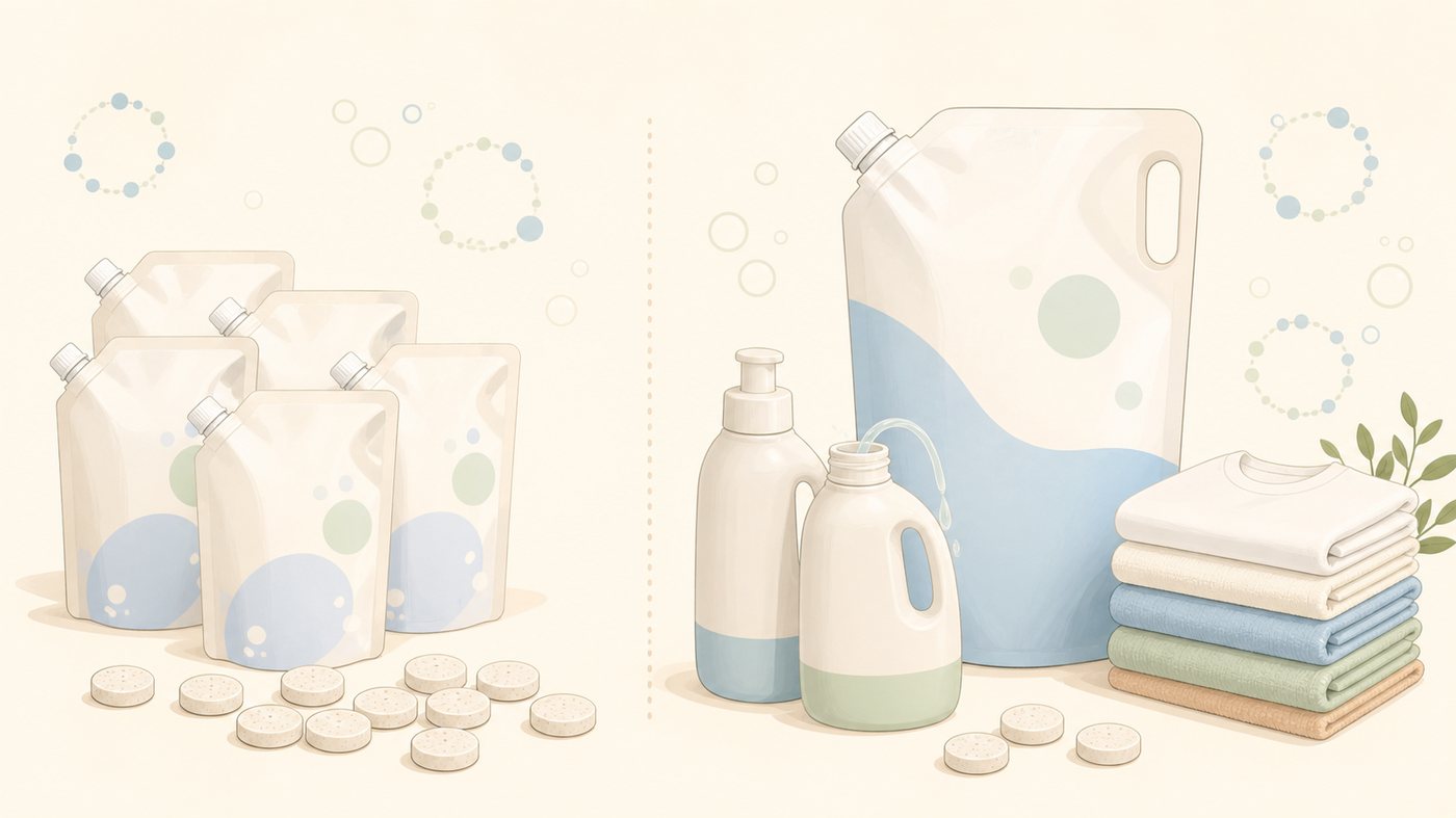 詰め替え洗剤を選ぶ4つの視点のイラスト