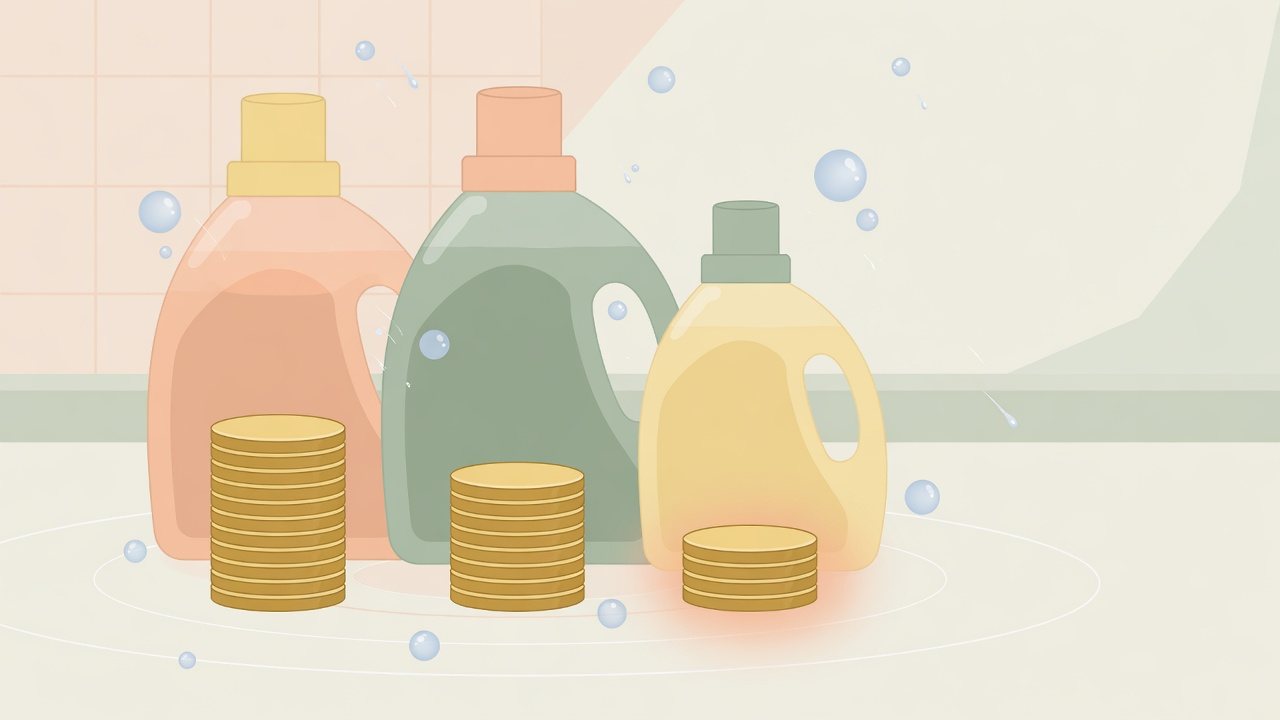 洗濯機のそばに並んだ液体洗濯洗剤の詰め替えパックのイラスト