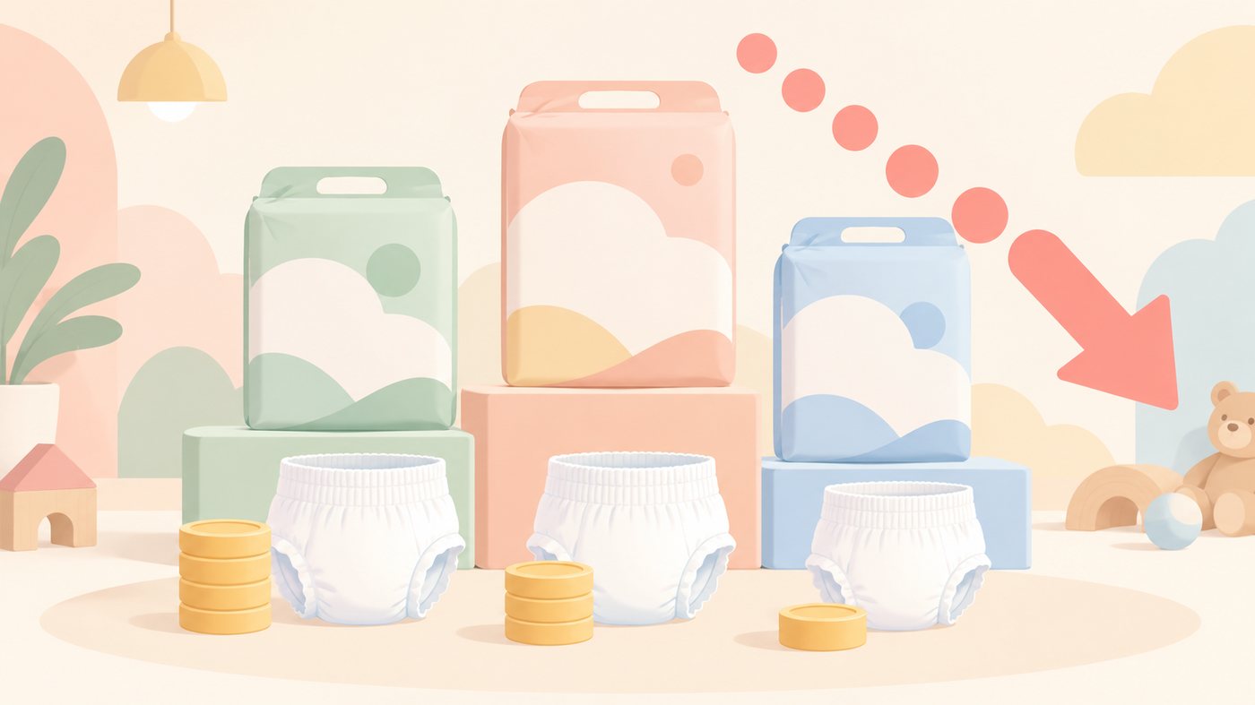 洗濯機のそばに詰め替え用の洗剤の袋が並ぶイラスト