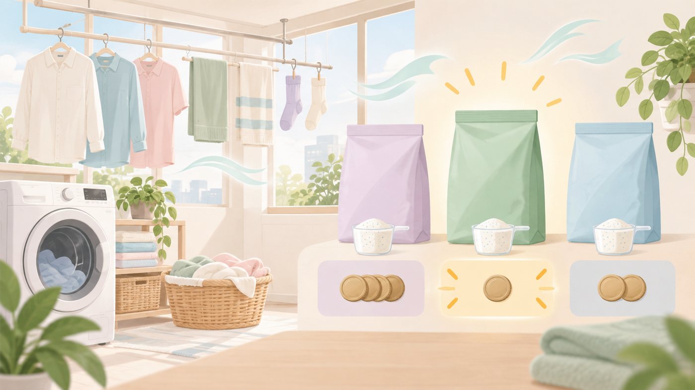 洗剤のつめかえを棚に置き分けるイラスト