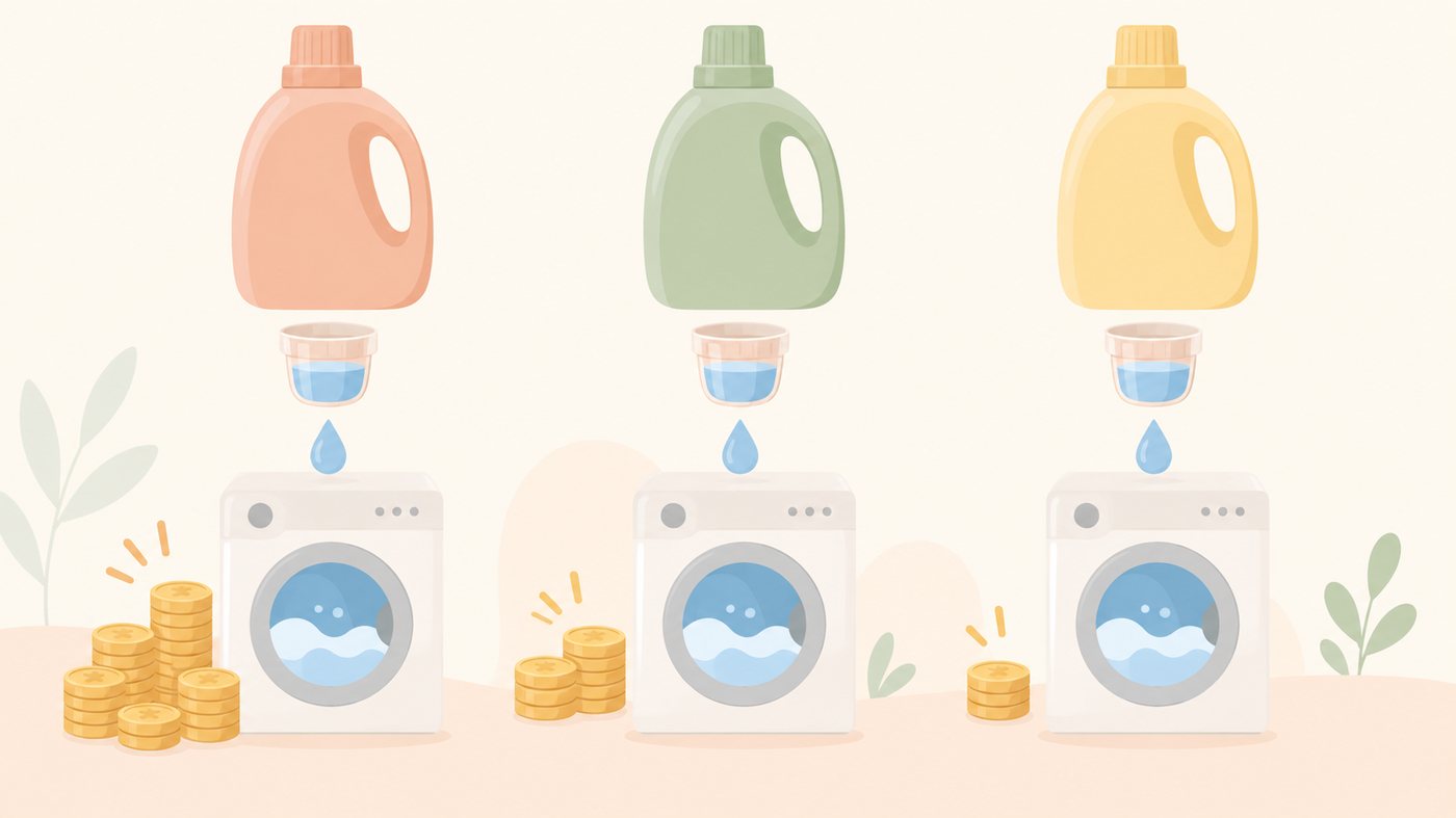 洗濯機のそばに詰め替え用の洗濯洗剤が並ぶイラスト
