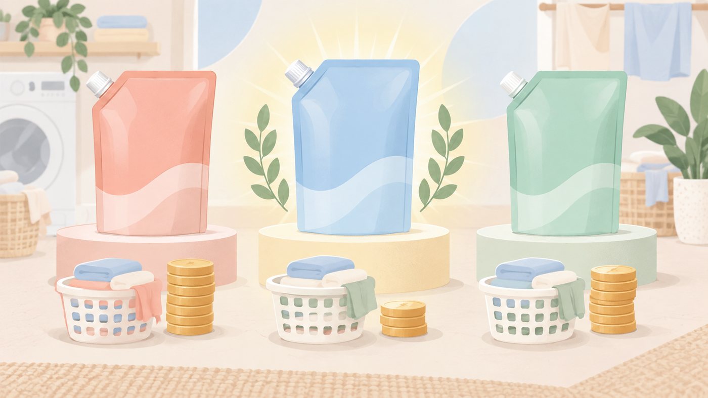 洗濯洗剤の詰め替え用を容量別に並べる様子