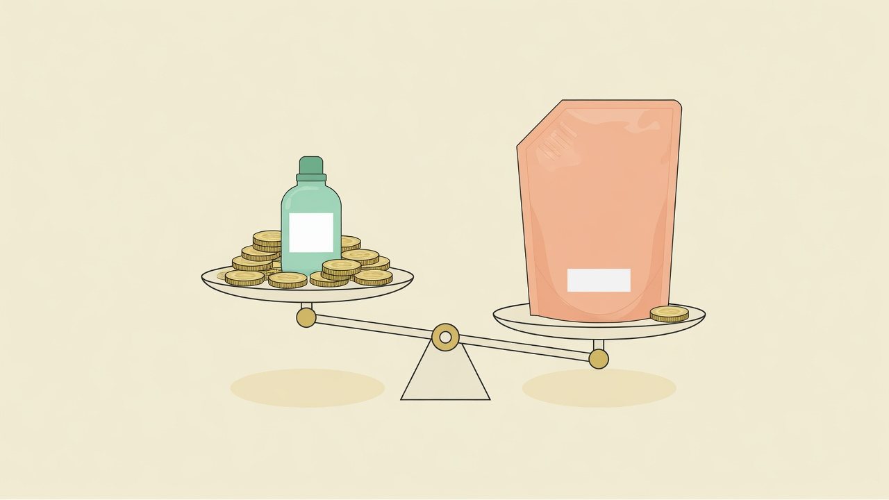 詰替用洗剤の内容量を1gあたりで比べるイメージ